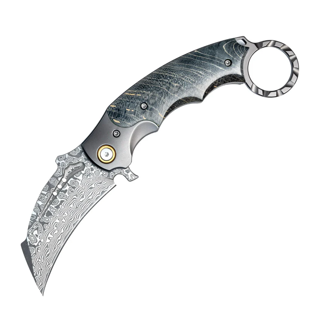 Falcon Japanese Damascus Pocket Knife with Stained Maple Burl Handle - Image 2