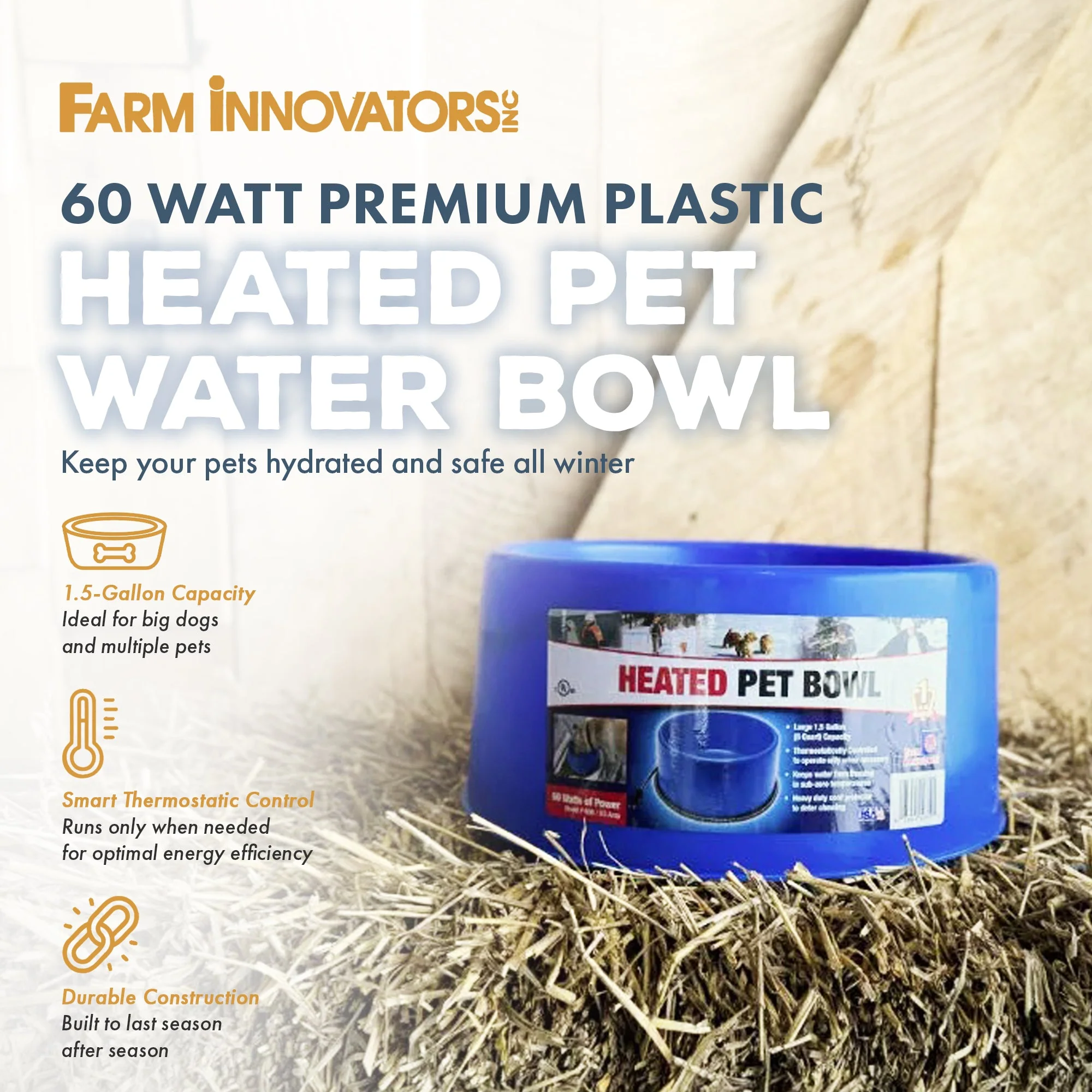 Farm Innovators 60 Watt Premium Plastic Heated Pet Dog and Cat Water Bowl, Blue - Image 2