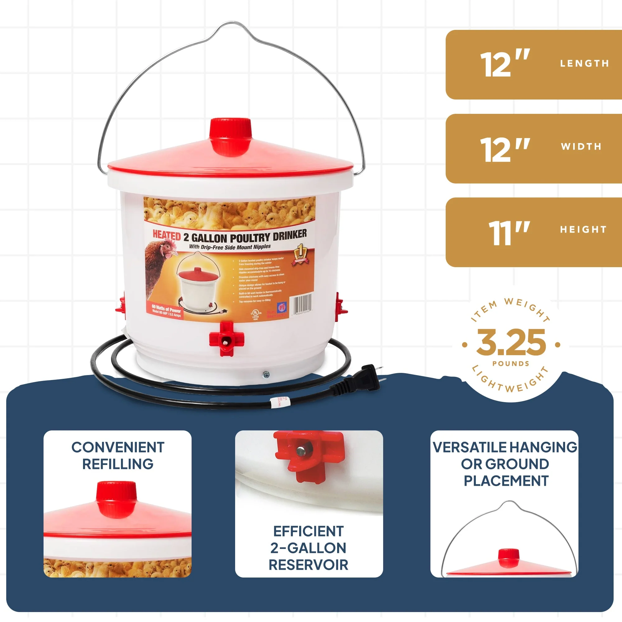 Farm Innovators Heated 2 Gallon Poultry Water Bucket Drinker, White/Red (2 Pack) - Image 3