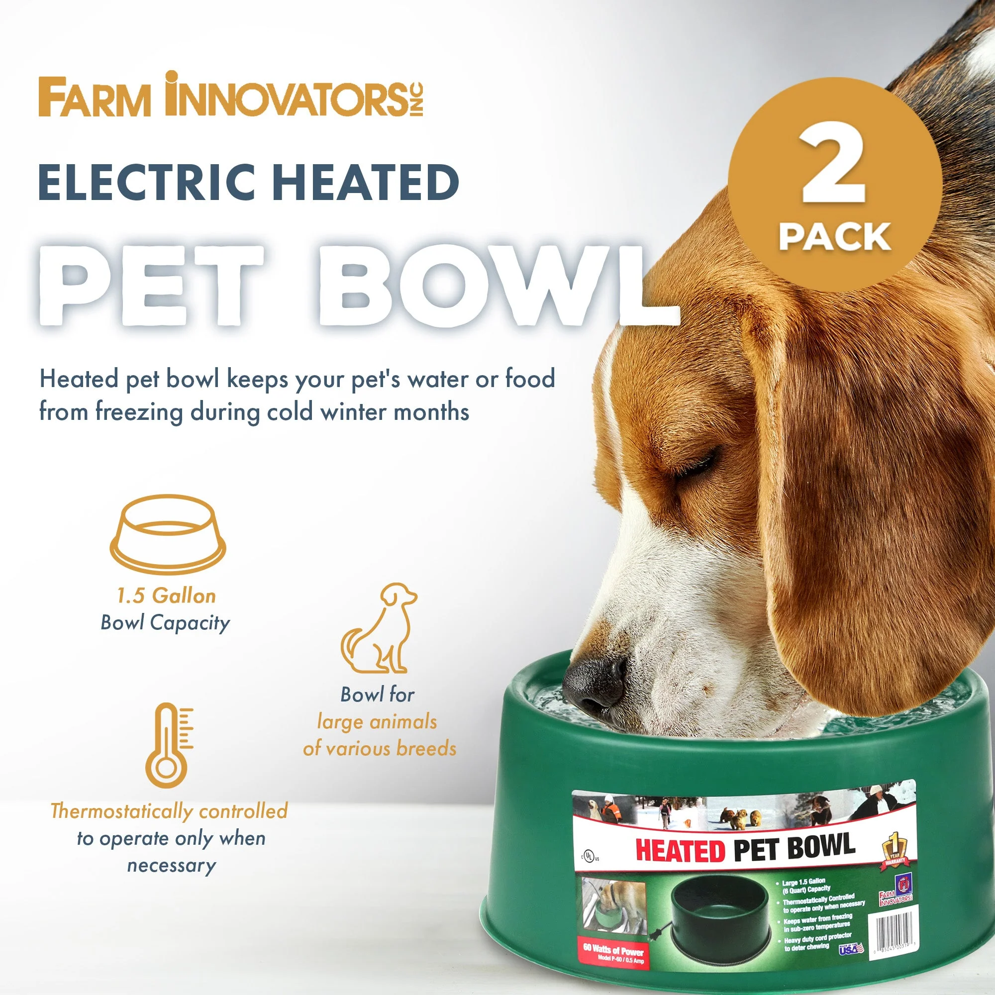 Farm Innovators P-60 1.5 Gallon Electric Heated Pet Water Bowl, 60 Watt, 2 Pack - Image 2