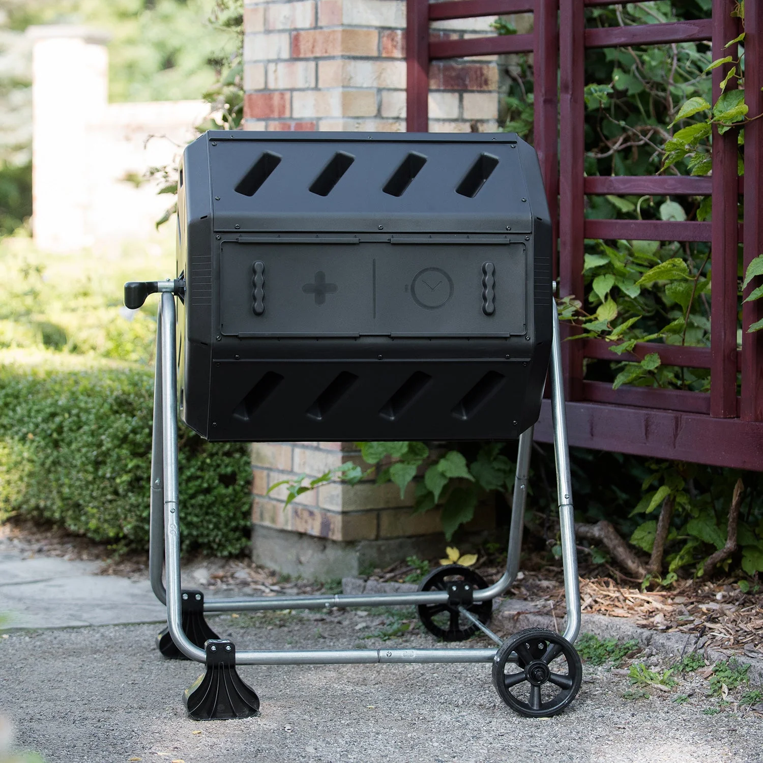 FCMP Outdoor 37 Gallon Dual Chamber Tumbling Composter Bin with Wheels, Black - Image 7