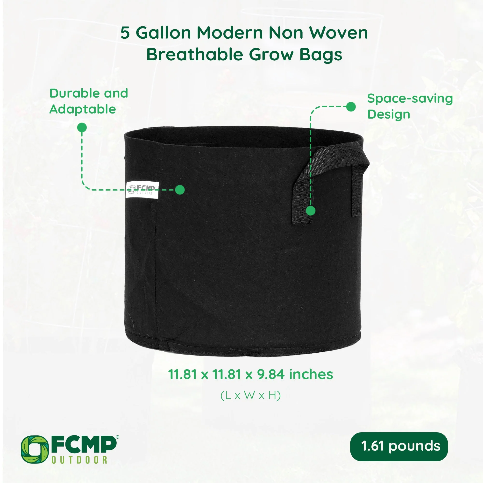 FCMP Outdoor 5 Gallon Modern Non Woven Breathable Grow Bags, Black (5 Pack) - Image 3