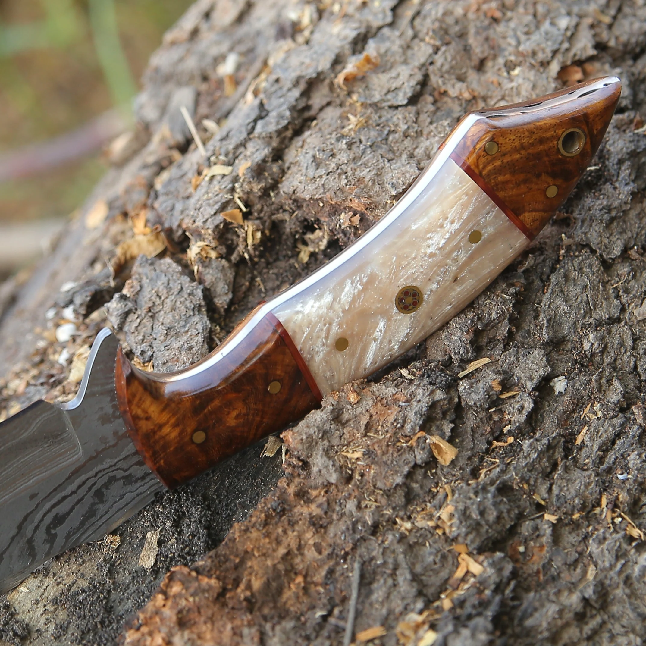 Ravager Handmade Damascus Knife with Mother of Pearl Resin & Rosewood Handle - Image 4
