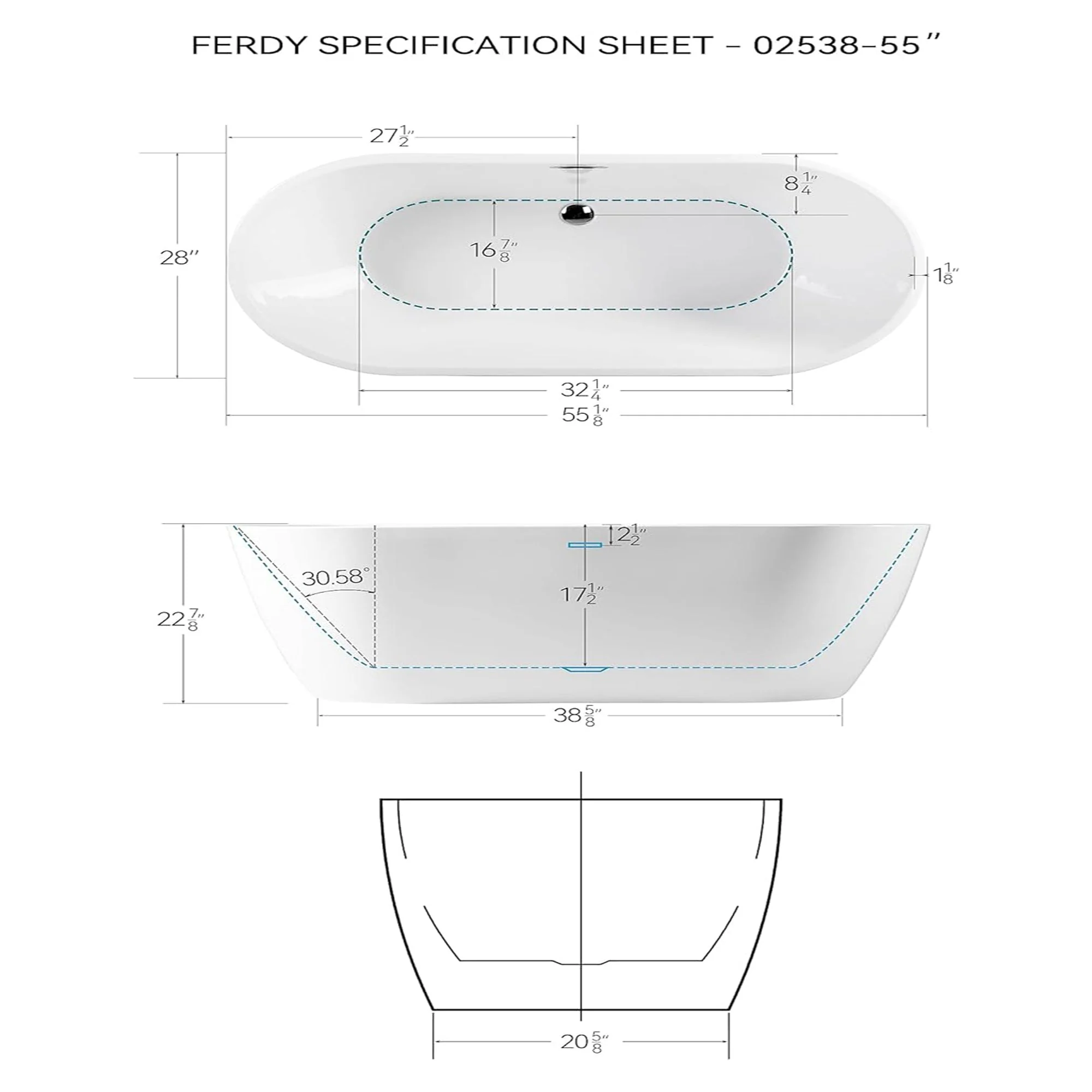 FerdY Bali 55 In Glossy Acrylic Freestanding Bathtub with Polished Chrome Drain - Image 2