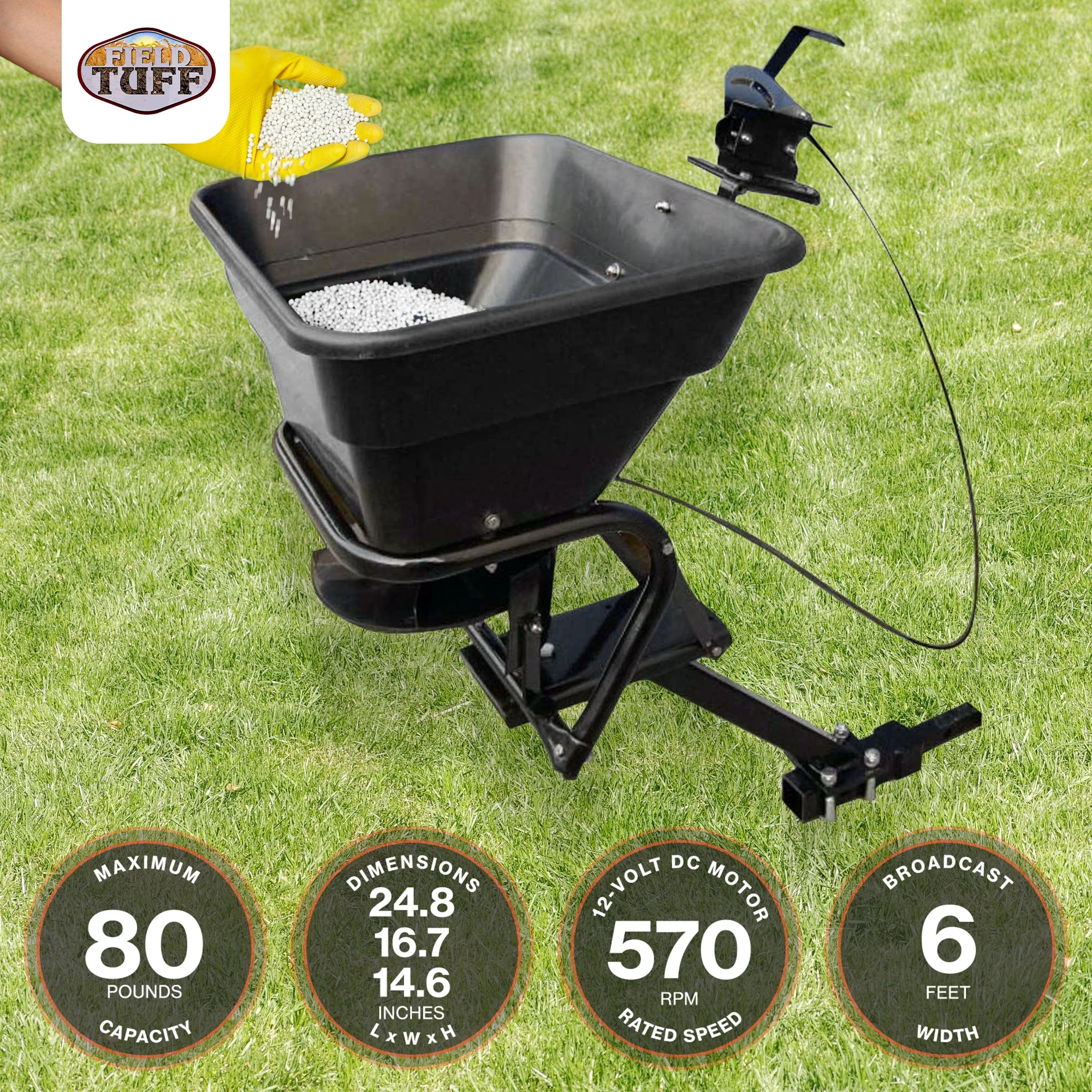 Field Tuff 12V ATV Hitch Mount Receiver 80 lb. Grass, Seed, Fertilizer Spreader - Image 3
