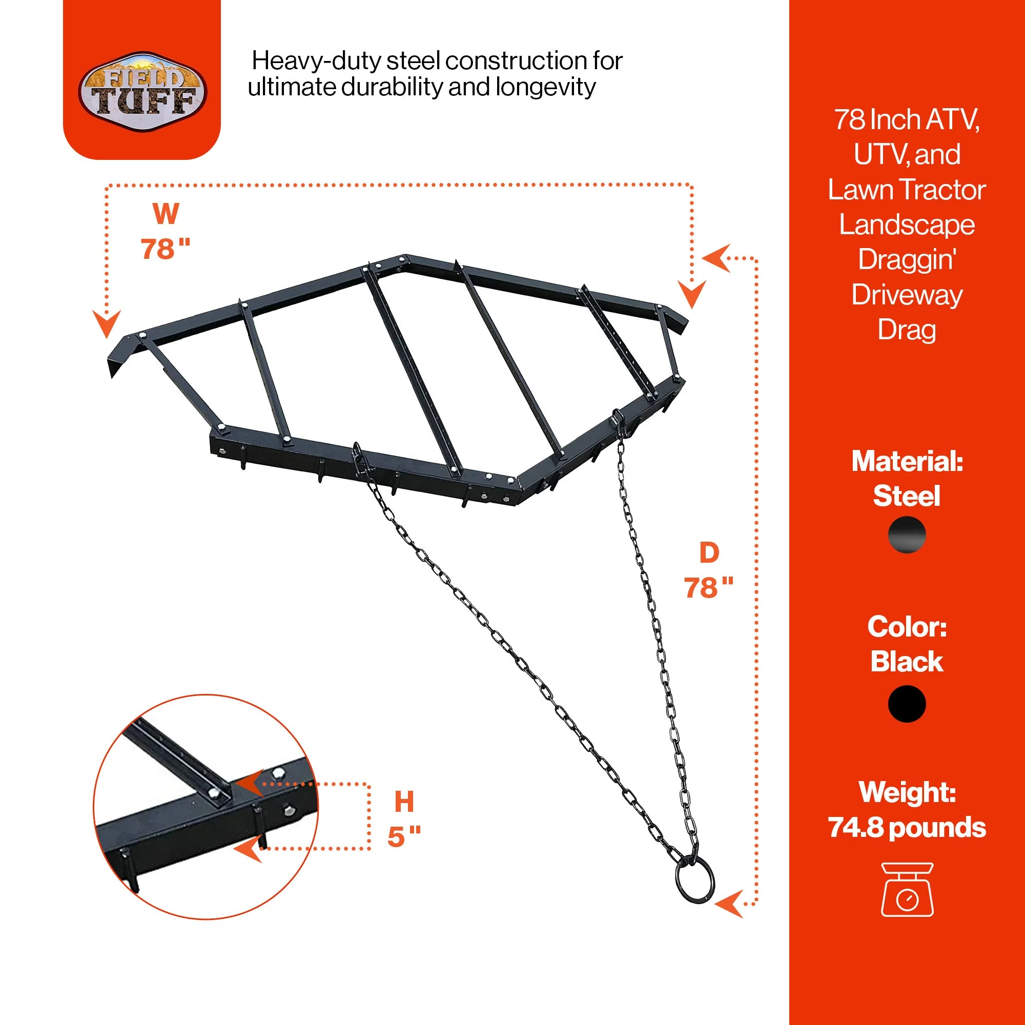 Field Tuff 78 Inch ATV, UTV, and Lawn Tractor Landscape Draggin' Driveway Drag - Image 2