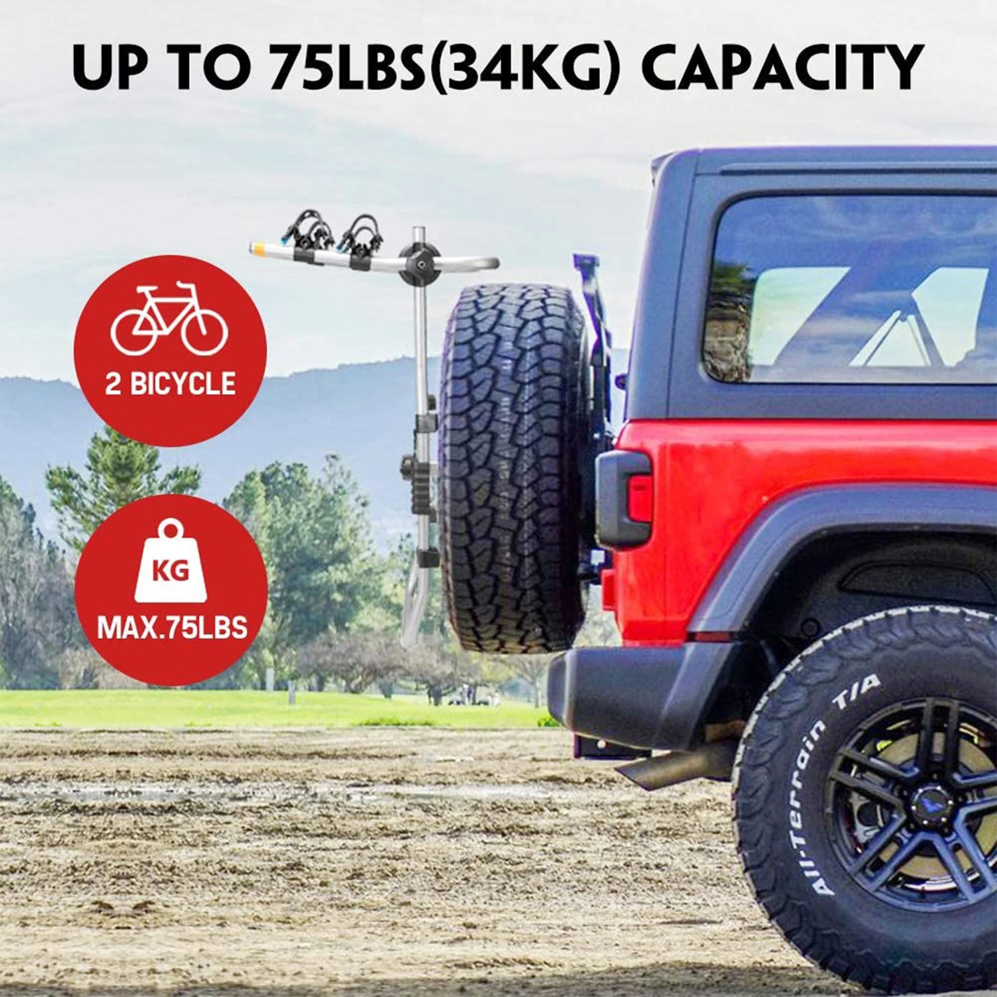 Fieryred 2 Bike Adjustable Bolt On Spare Tire Rack with 75 Pound Capacity, Black - Image 8