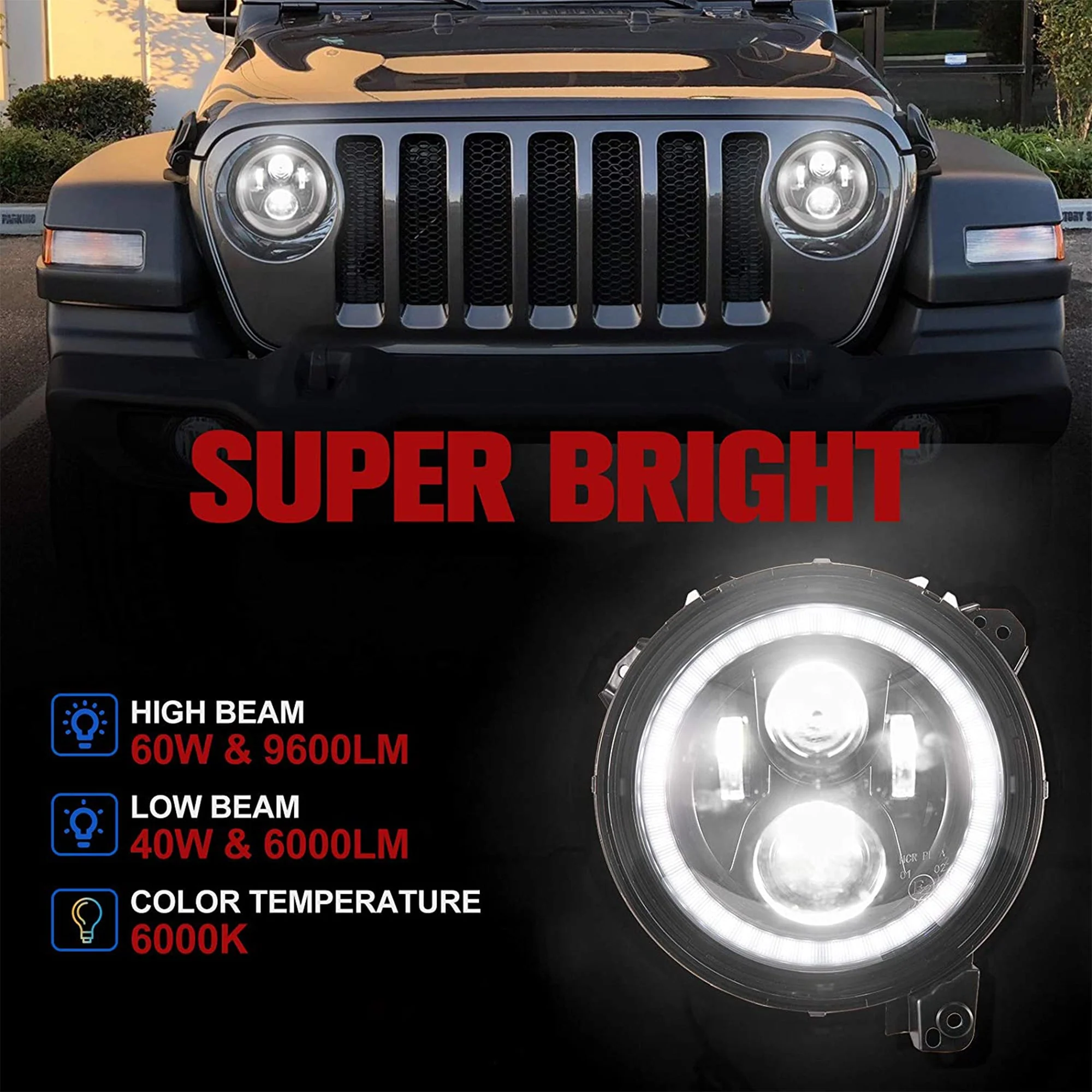 Fieryred 9" LED Halo Angel Eyes Headlights, Compatible w/ Wrangler JL 2018-2021 - Image 3