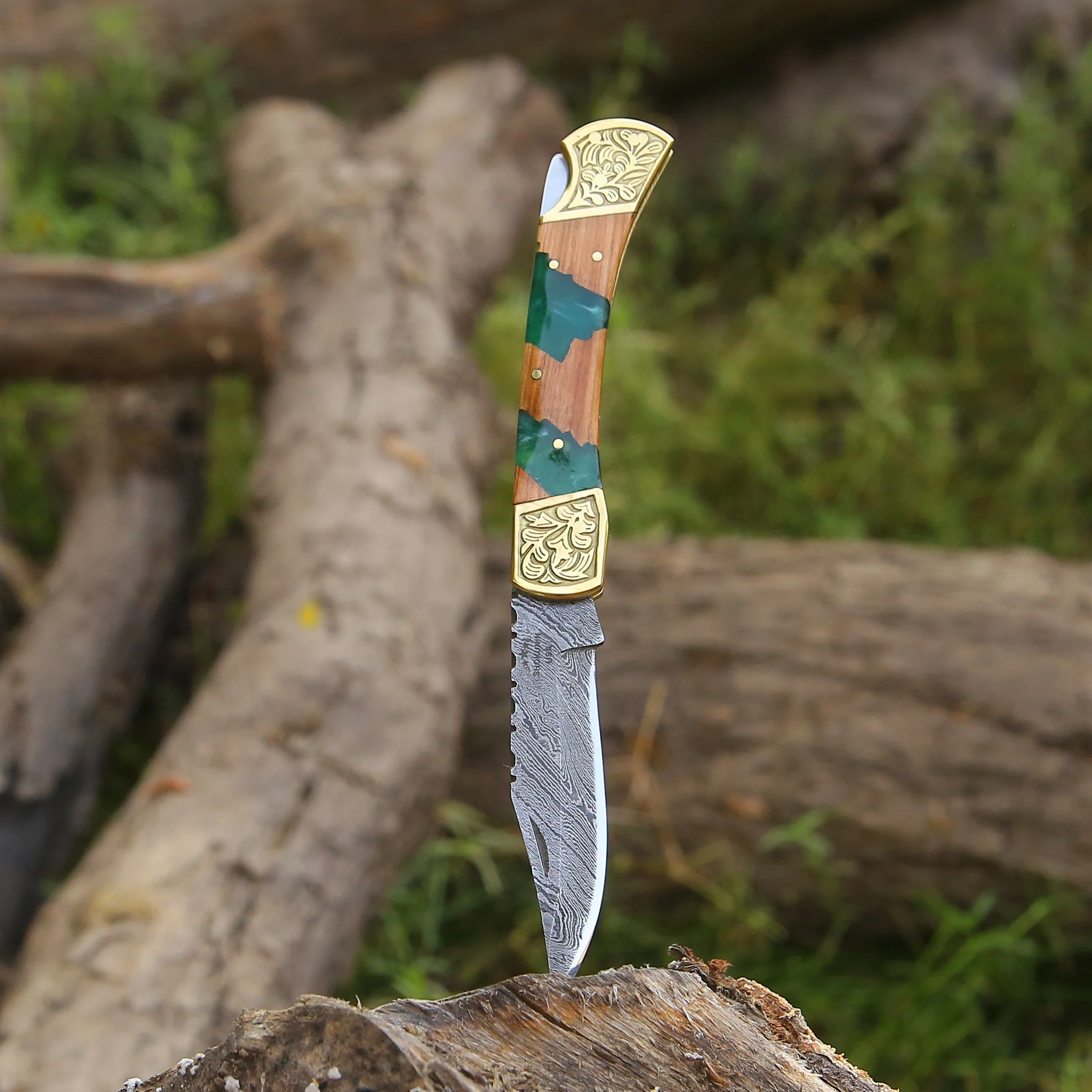 Flashblade Damascus EDC Knife with Olive Wood Handle & Sheath - Image 2