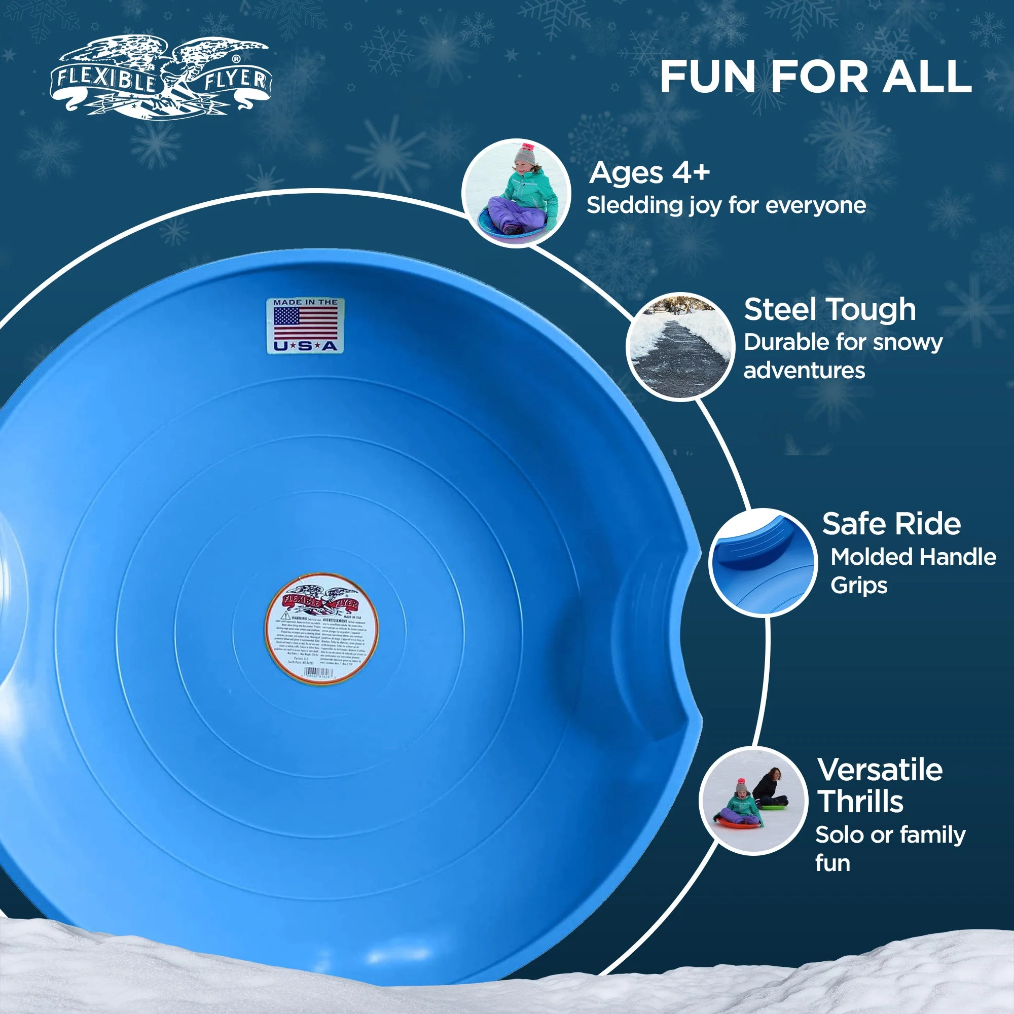 Flexible Flyer Flying Saucer 26" Plastic Snow Sled for Kids and Adults, Blue - Image 2