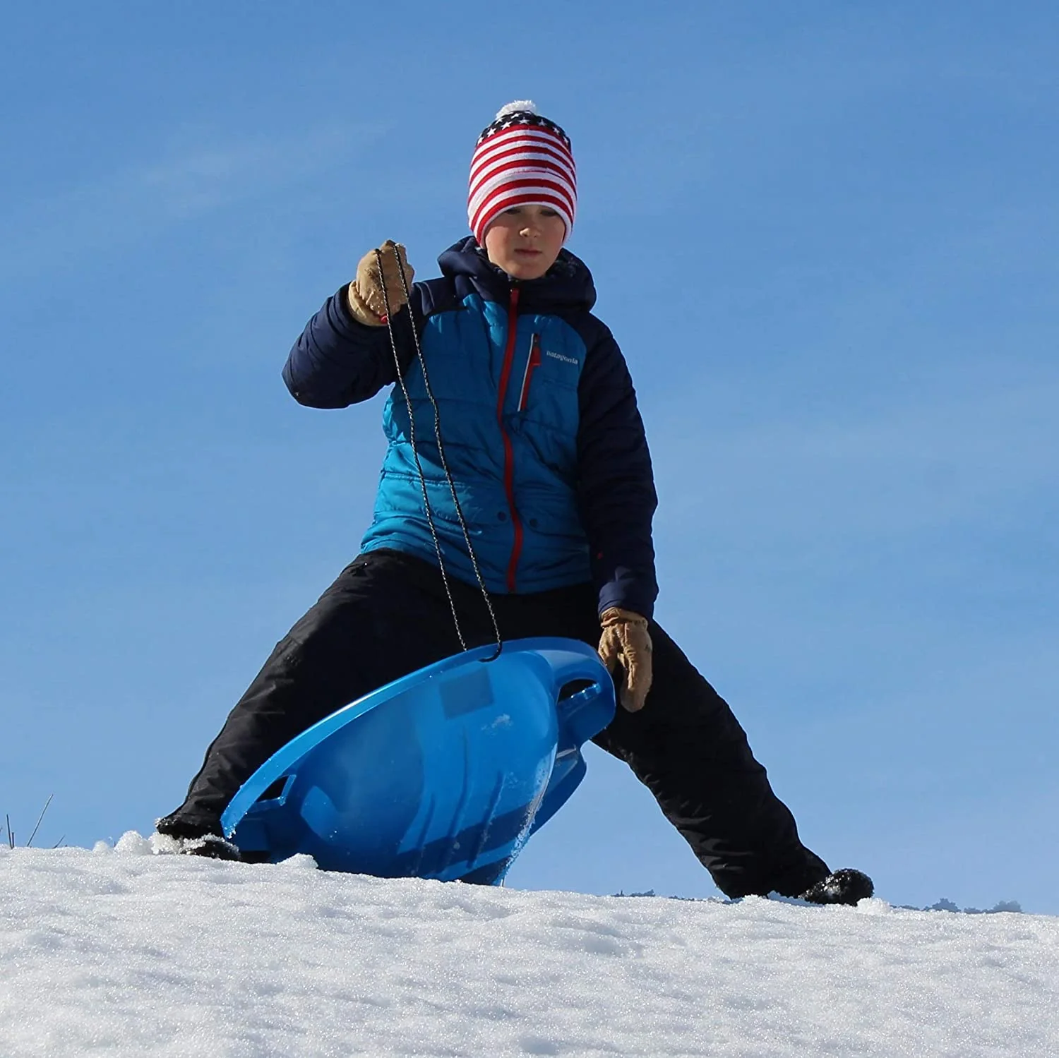 Flexible Flyer Spitfire Sled 1 Person Toboggan with Tow Rope & Seat Pad, Blue - Image 6