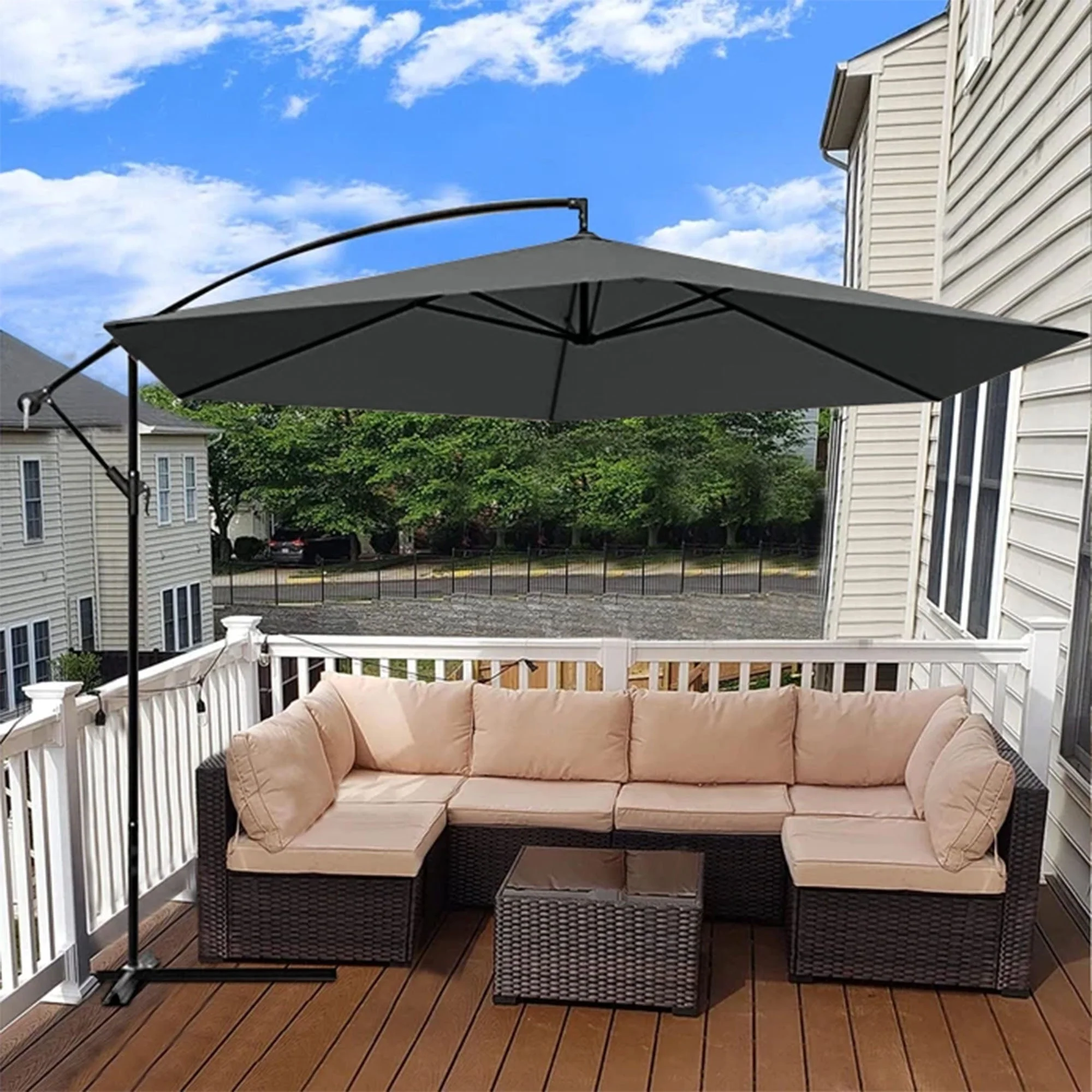 Four Seasons Courtyard 11.5 Foot Offset Patio Umbrella, Charcoal Gray Fabric - Image 4
