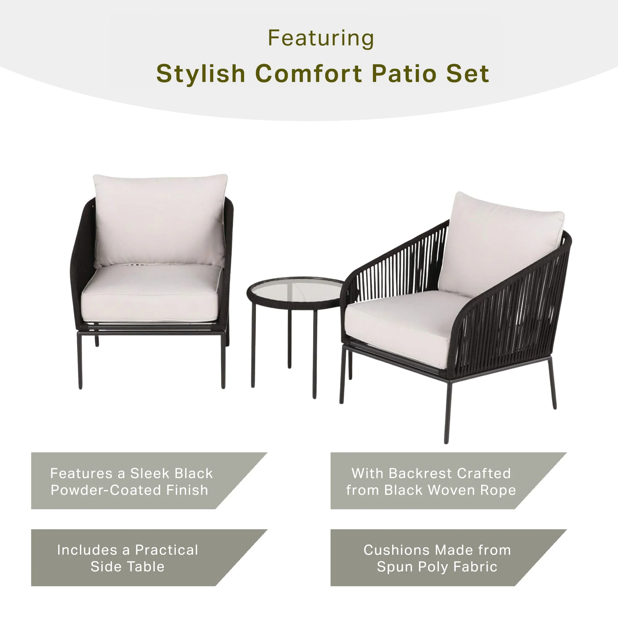 Four Seasons Courtyard Carrabelle 3 Piece Chat Set with Woven Rope Design, Black - Image 2