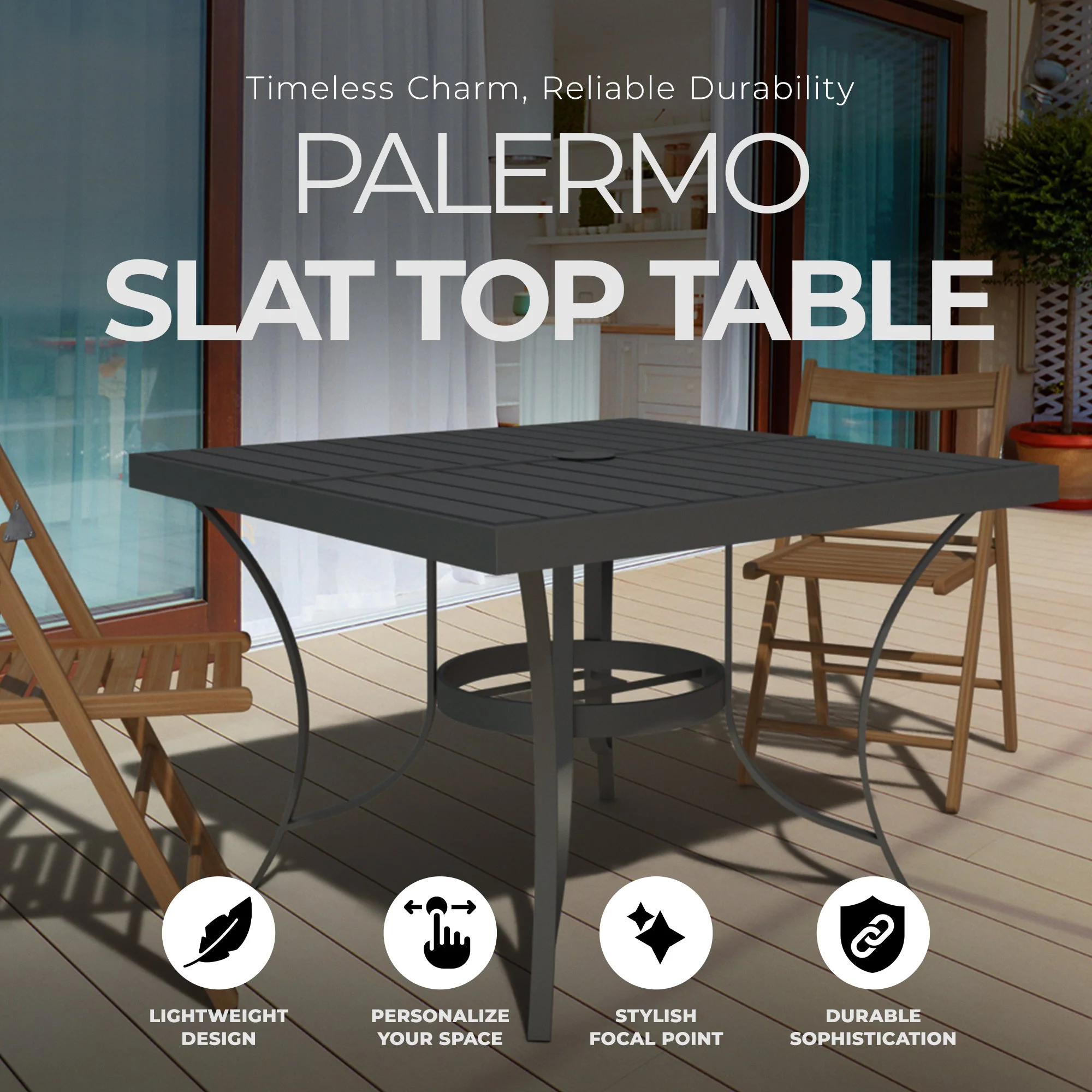 Four Seasons Courtyard Palermo Slat Top Dining Table with Umbrella Hole, Gray - Image 2