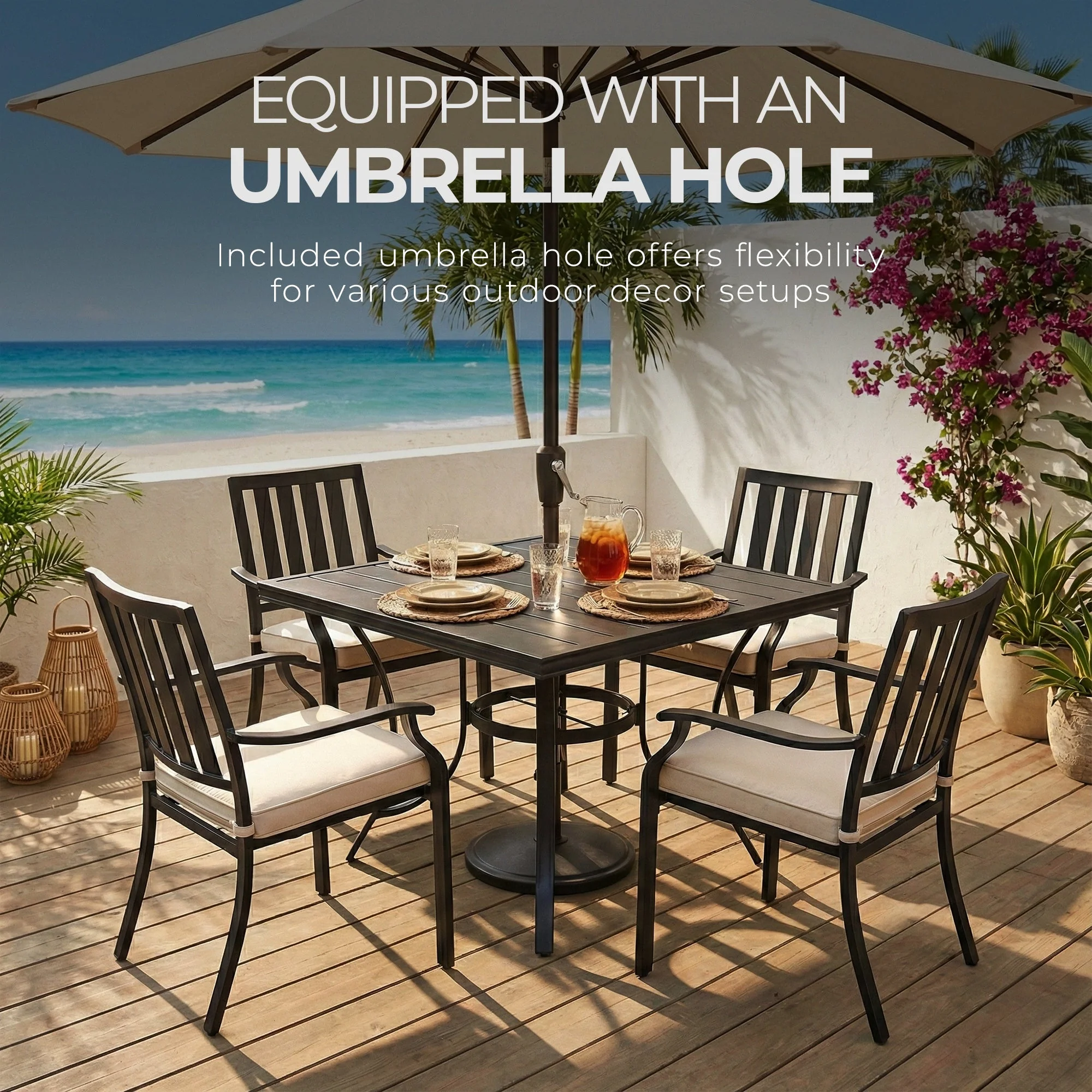 Four Seasons Courtyard Palermo Slat Top Dining Table with Umbrella Hole, Gray - Image 5