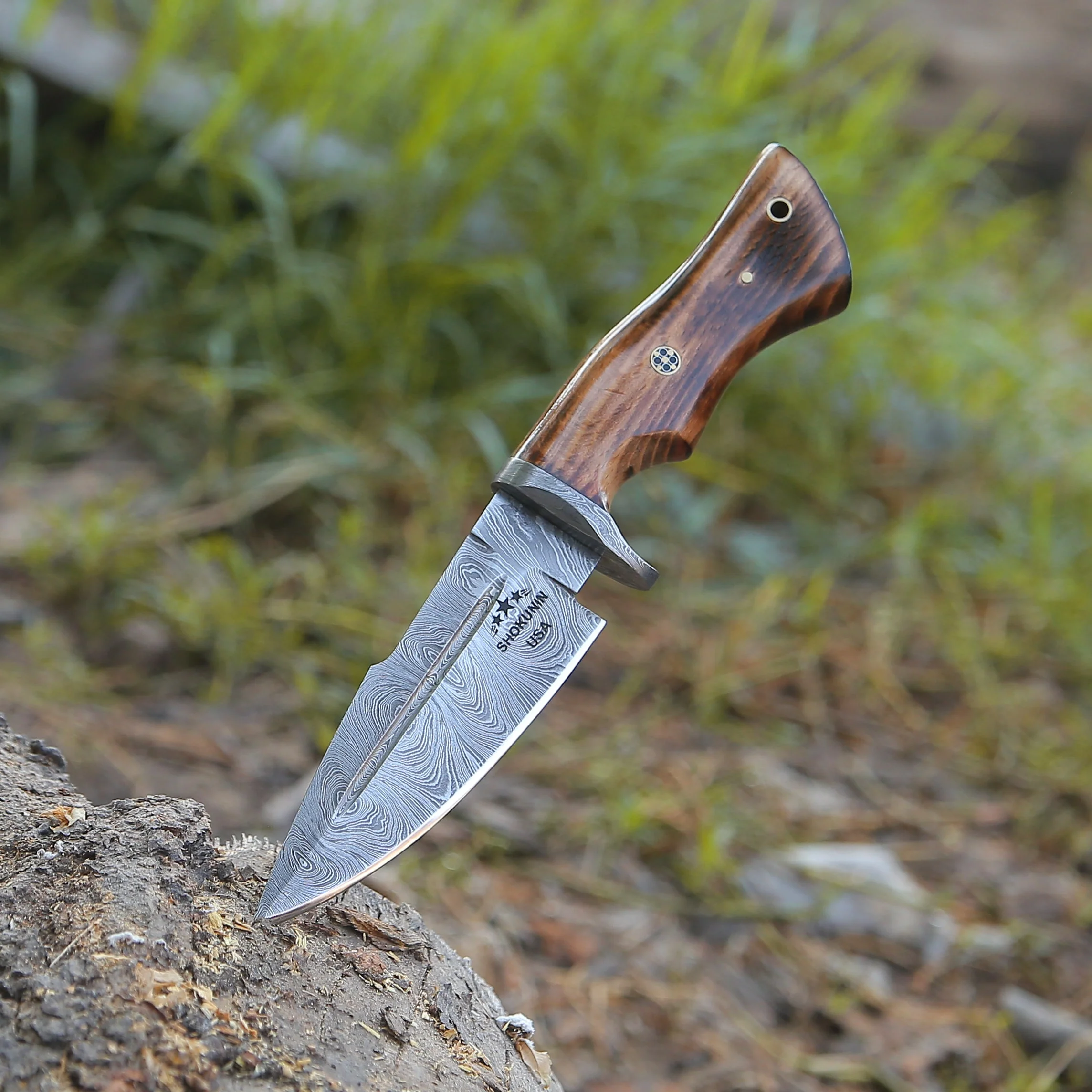 Frontier Custom Damascus Knife with Charred Oak Handle - Image 2