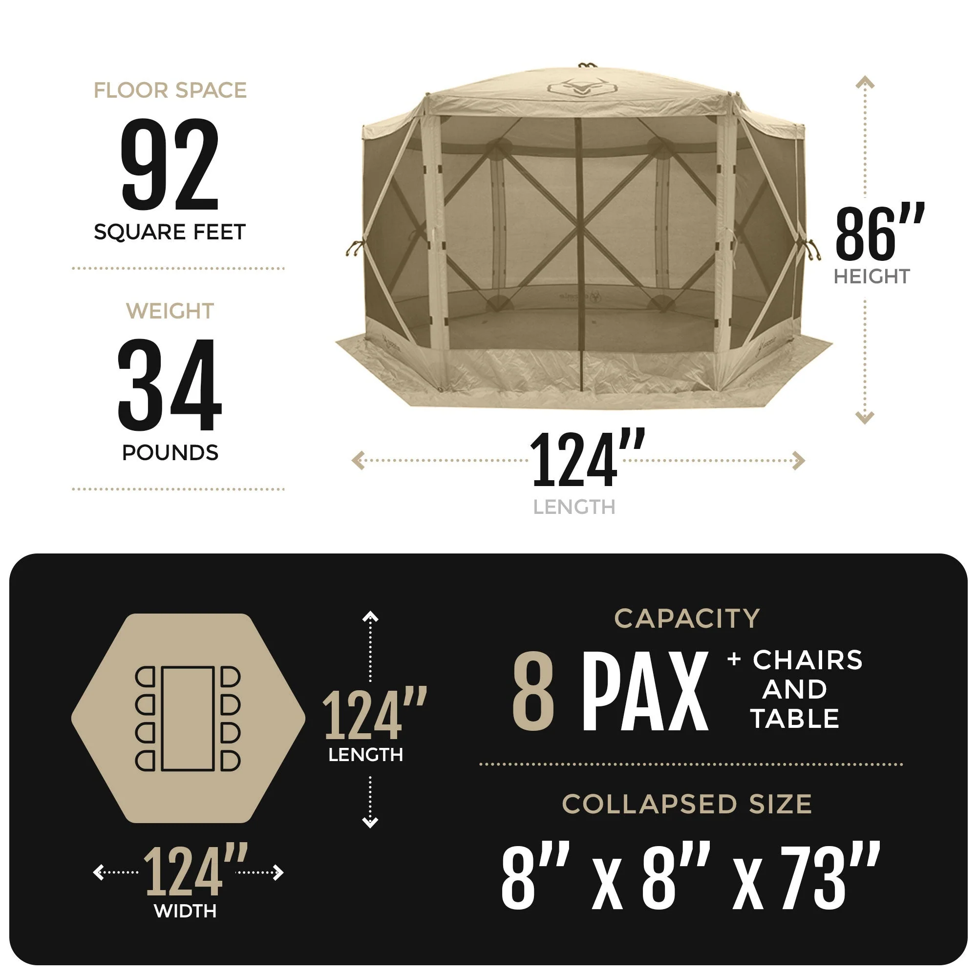 Gazelle G6 12ft x 12ft 6-Sided Pop Up Portable 8 Person Gazebo Tent, Desert Sand - Image 4