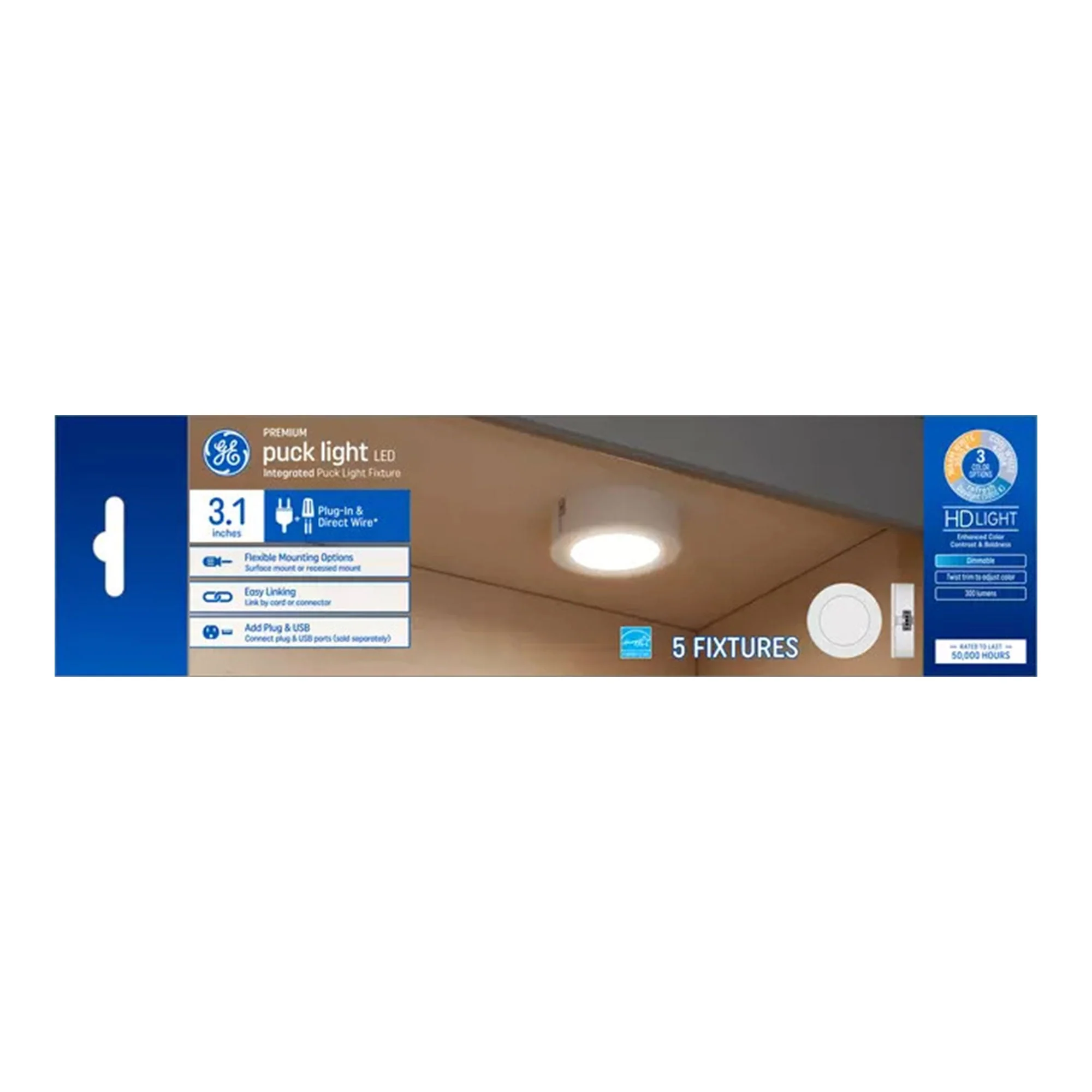 GE Set of 5 Dimmable Modern Corded Electric Plastic LED 4 Watt Puck Light, White - Image 7