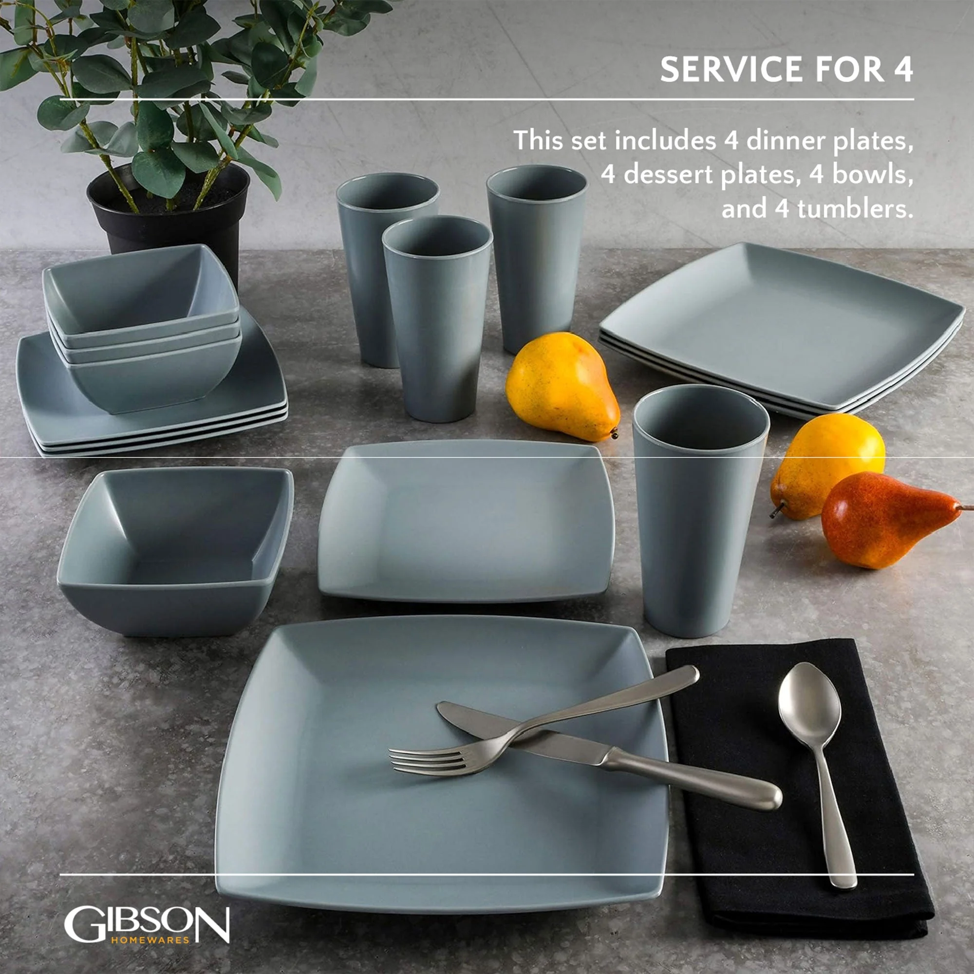 Gibson Home 16 Piece Square Melamine Dinnerware Set Plates, Bowls, & Cups, Grey - Image 3