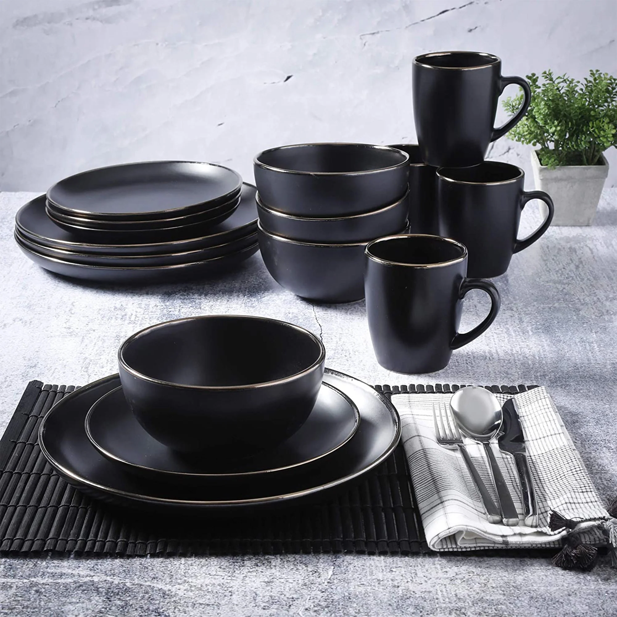 Gibson Home Rockaway Round Stoneware Dinnerware, Set of 16, Black with Gold Rim - Image 6