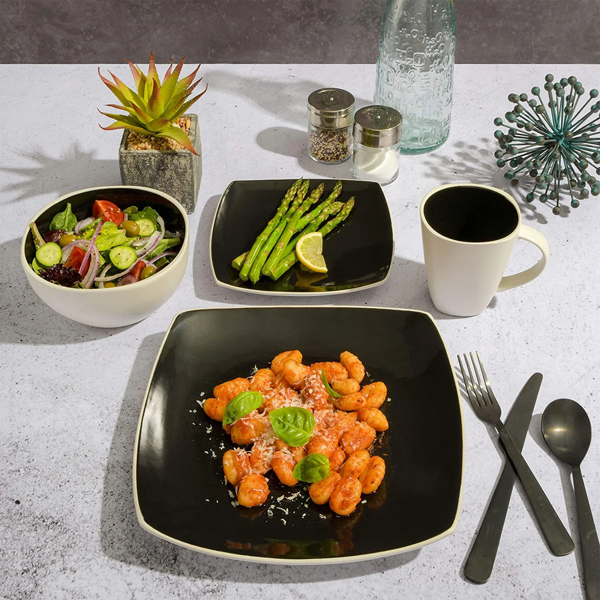 Gibson Soho Lounge Square Glazed Stoneware 16 Piece Dinnerware Set, Black/White - Image 4