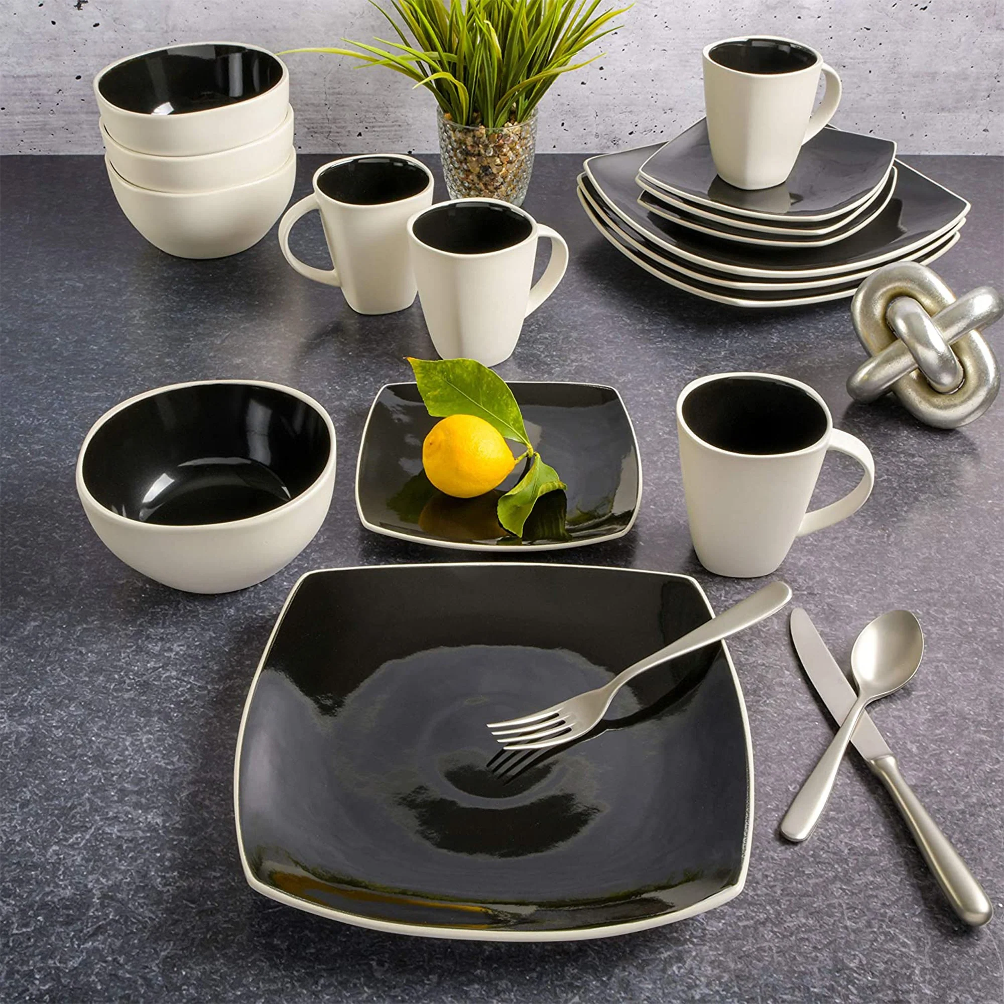 Gibson Soho Lounge Square Glazed Stoneware 16 Piece Dinnerware Set, Black/White - Image 5