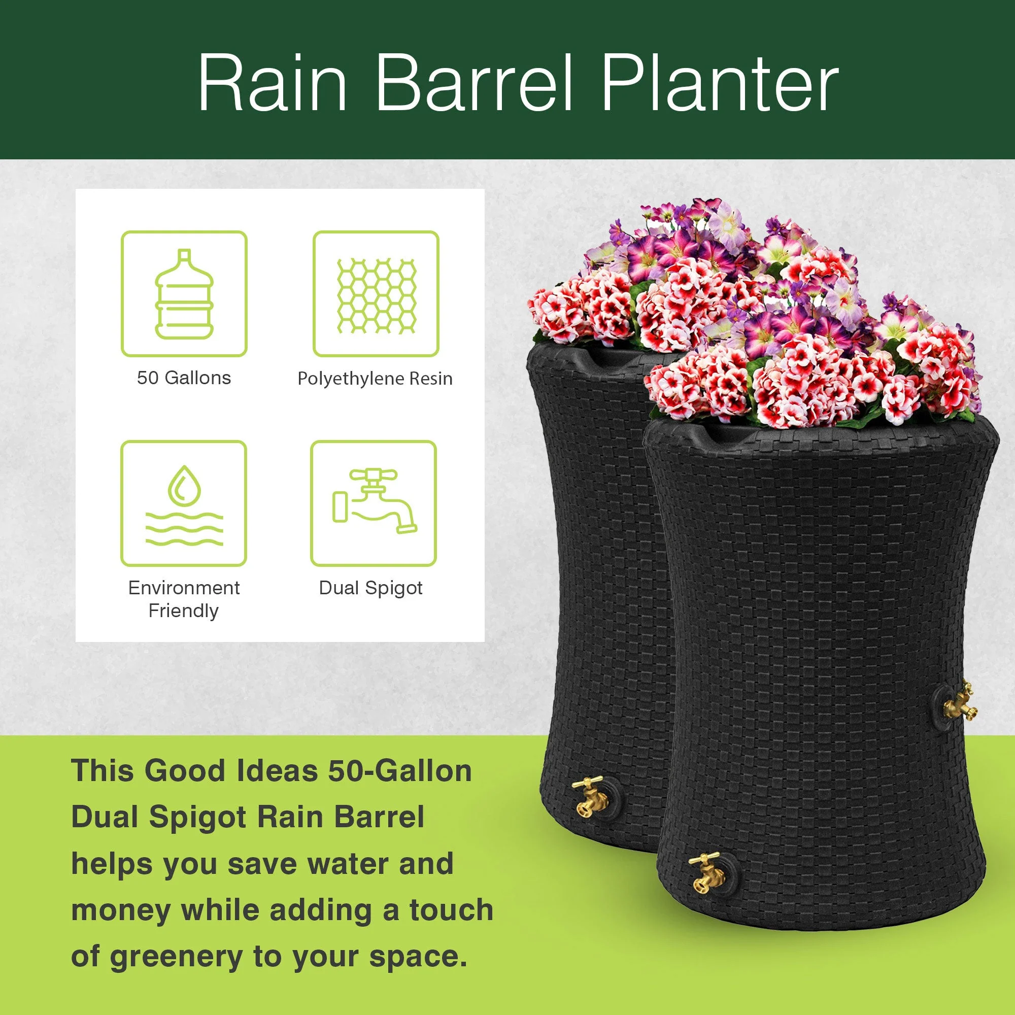 Good Ideas Impressions 50 Gallon Nantucket Rain Barrel Planter, Dark Brown - Image 2