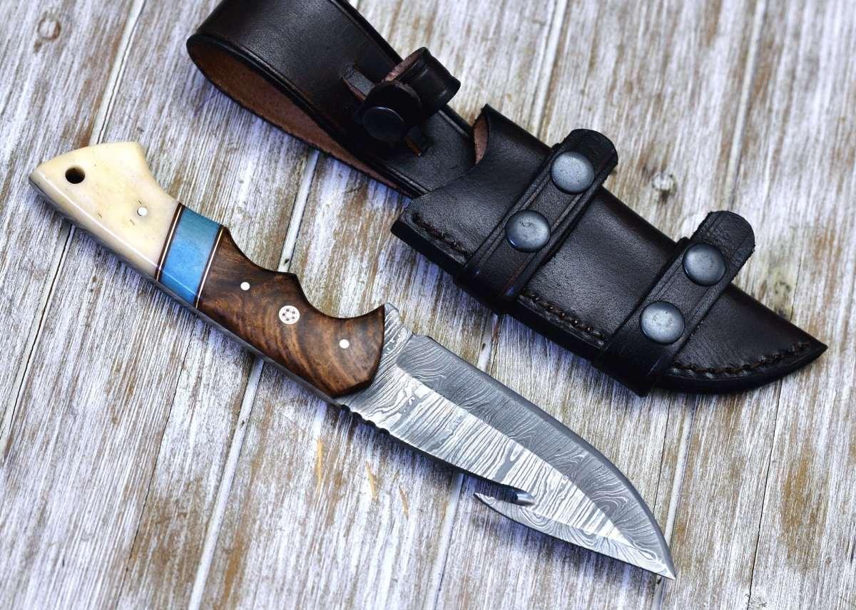 Gravity Damascus Gut Hook Knife with Rosewood & Bone Handle - Image 5