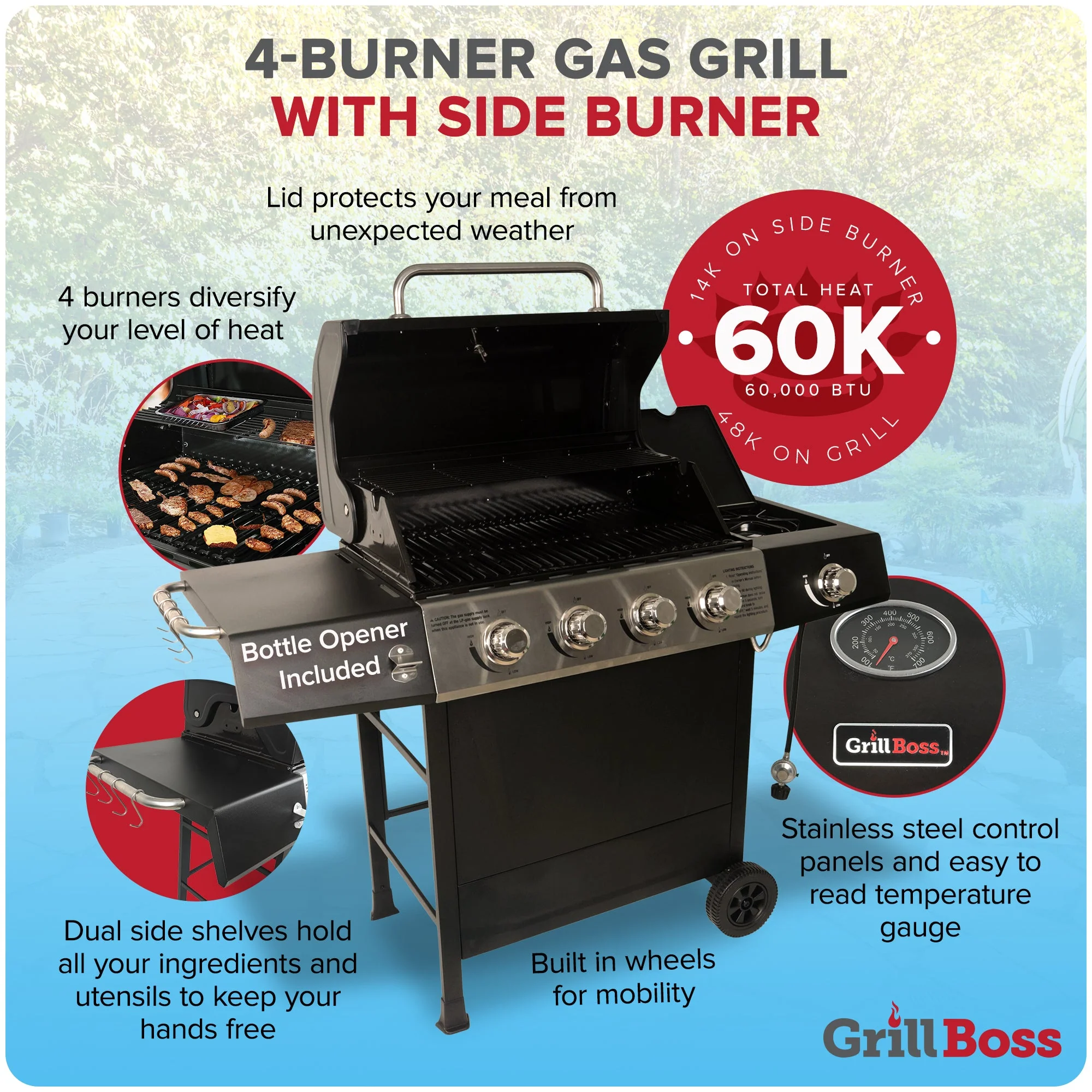 Grill Boss 4-Burner Gas Grill with Side Burner, Cover, Shelves, & Bottle Opener - Image 2