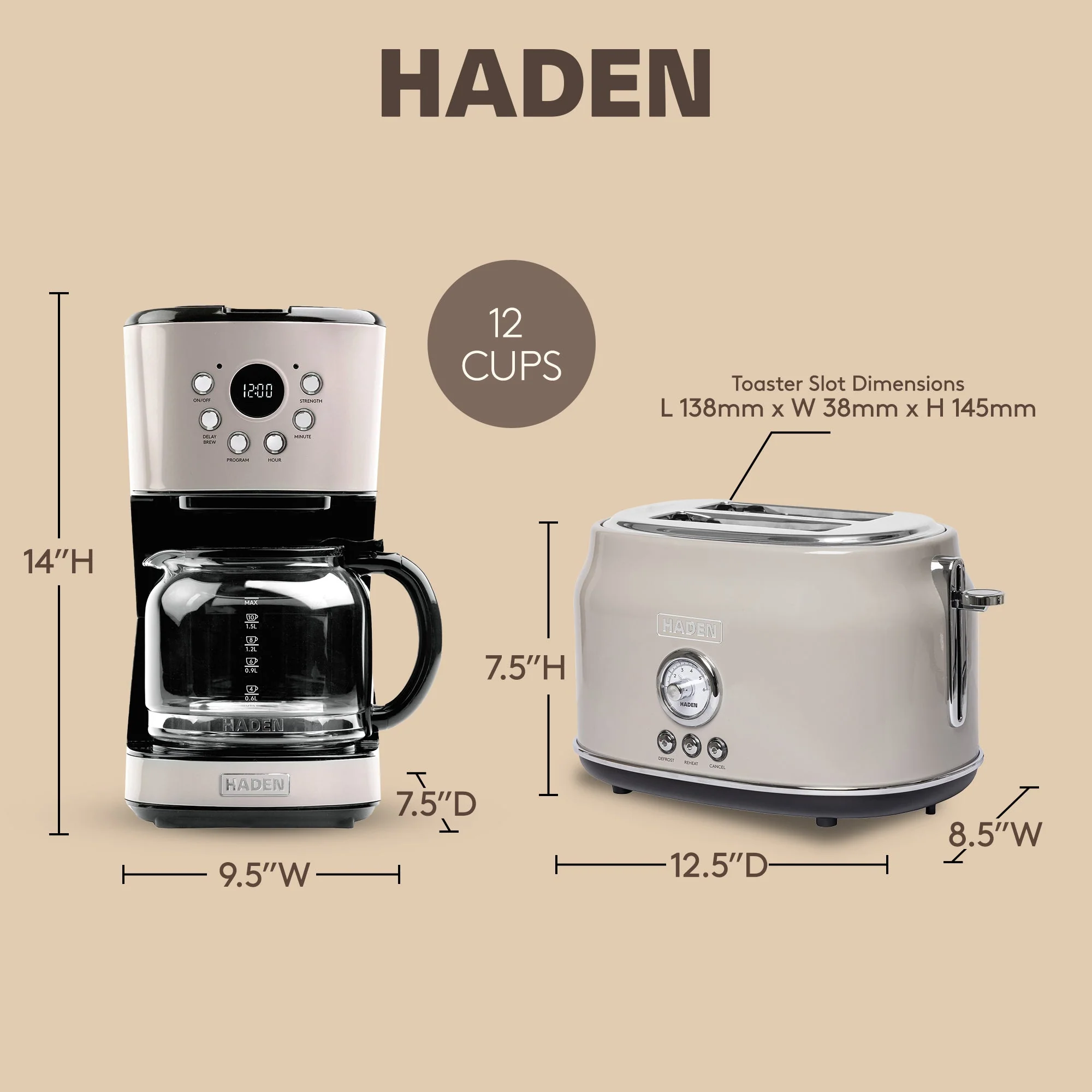 Haden 12 Cup Coffee Maker & Dorset 2 Slice Wide Slot Toaster, Putty & Chrome - Image 5