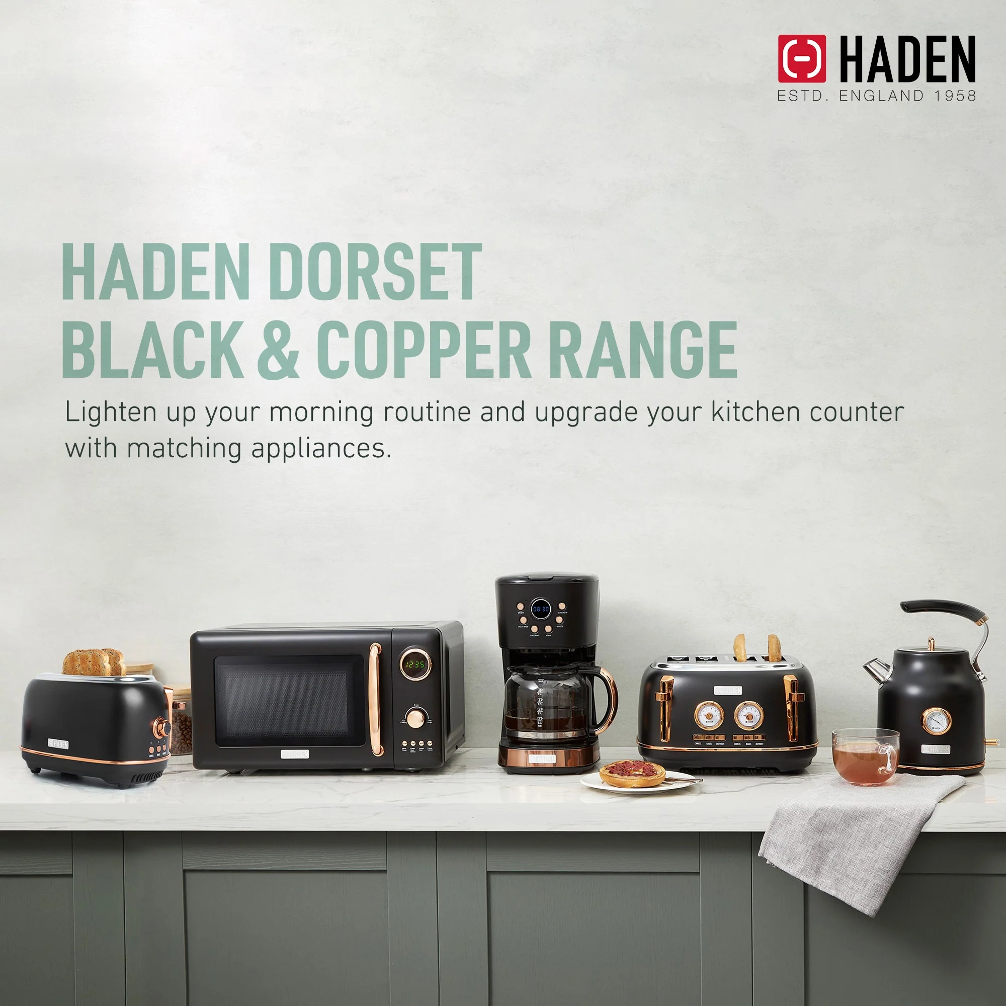 Haden 700W Countertop Microwave & Dorset 1.7L Electric Kettle, Black & Copper - Image 6