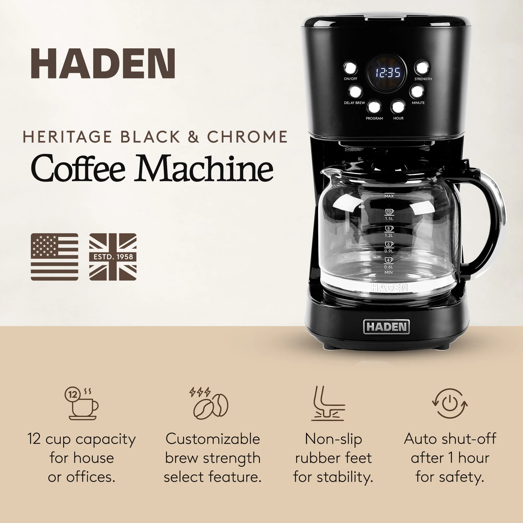 Haden Coffee Machine, 12 Cup Programmable Drip Coffee Maker, Black & Chrome - Image 2
