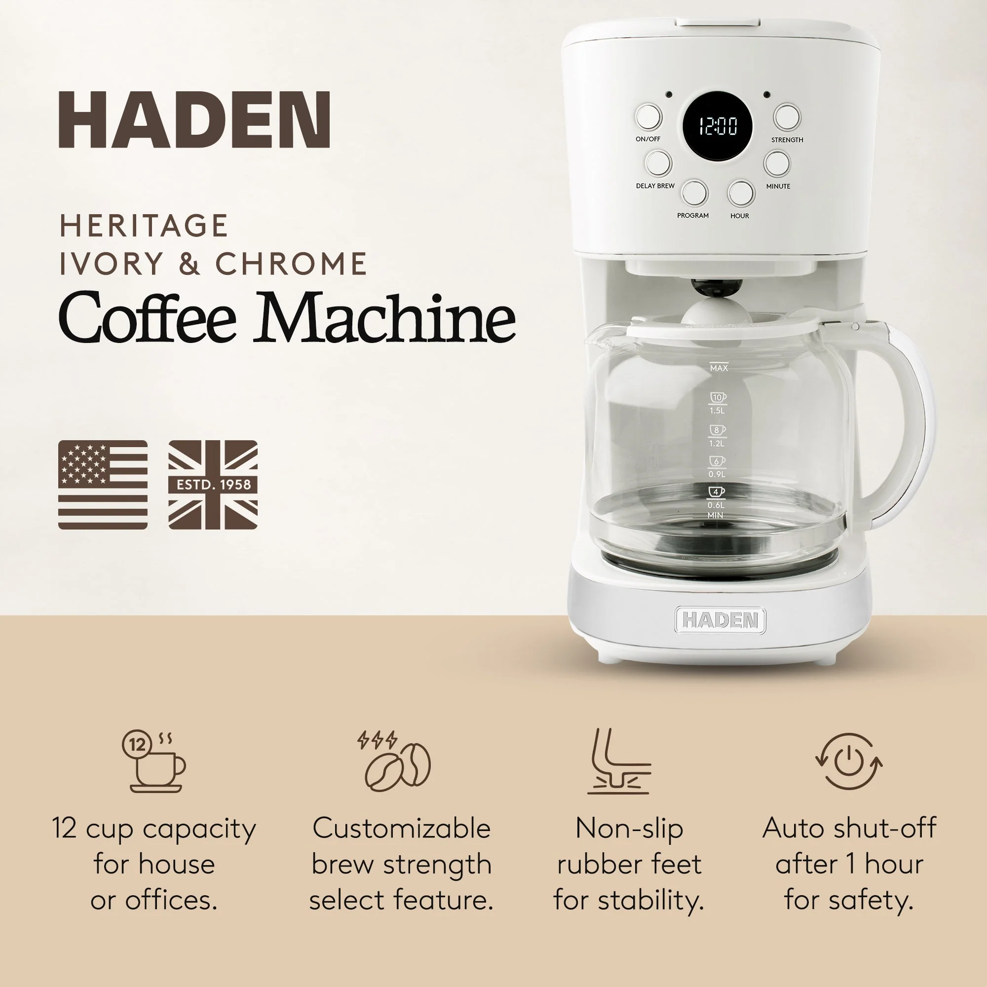 Haden Coffee Machine, 12 Cup Programmable Drip Coffee Maker, Ivory & Chrome - Image 2