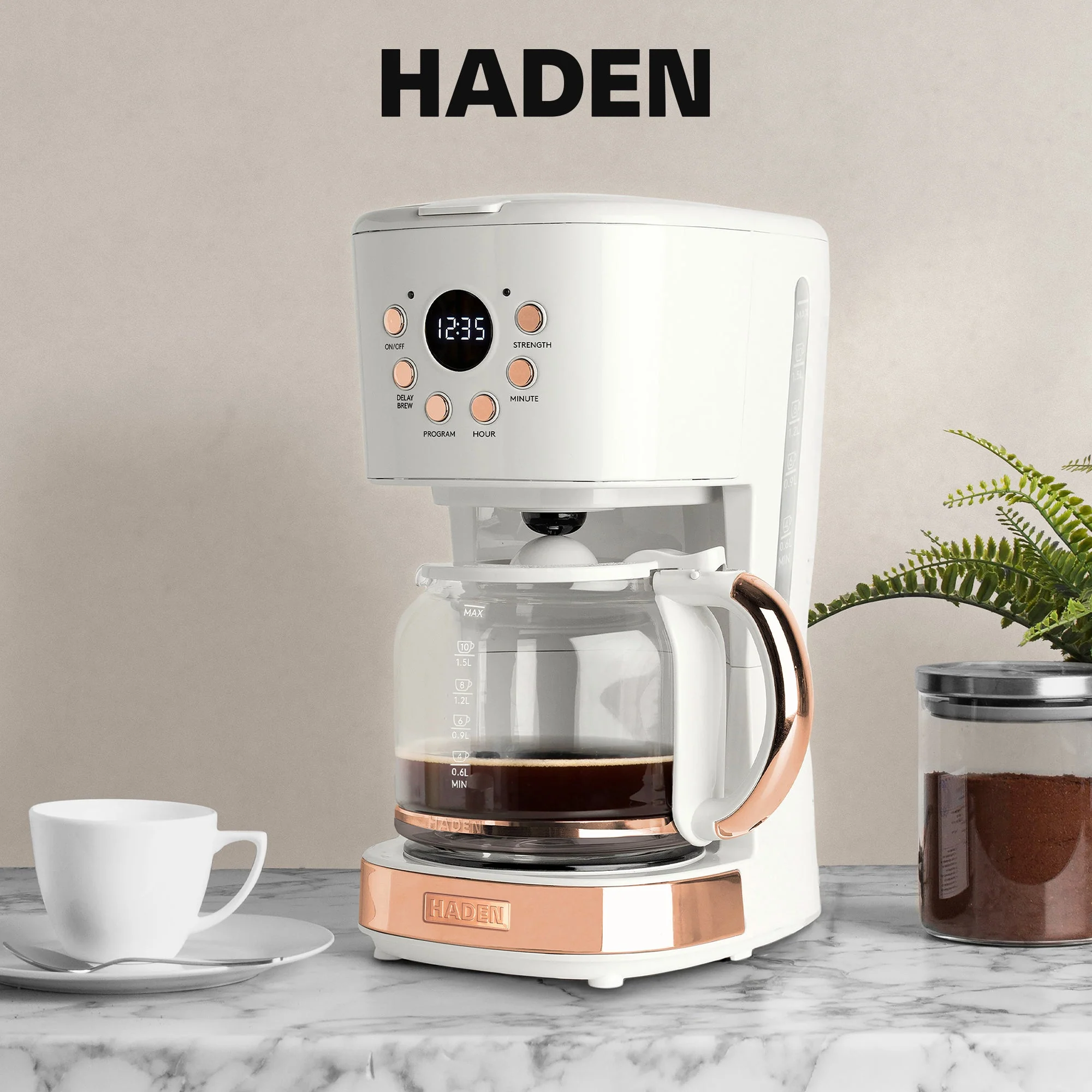 Haden Coffee Machine, 12 Cup Programmable Drip Coffee Maker, Ivory & Copper - Image 6
