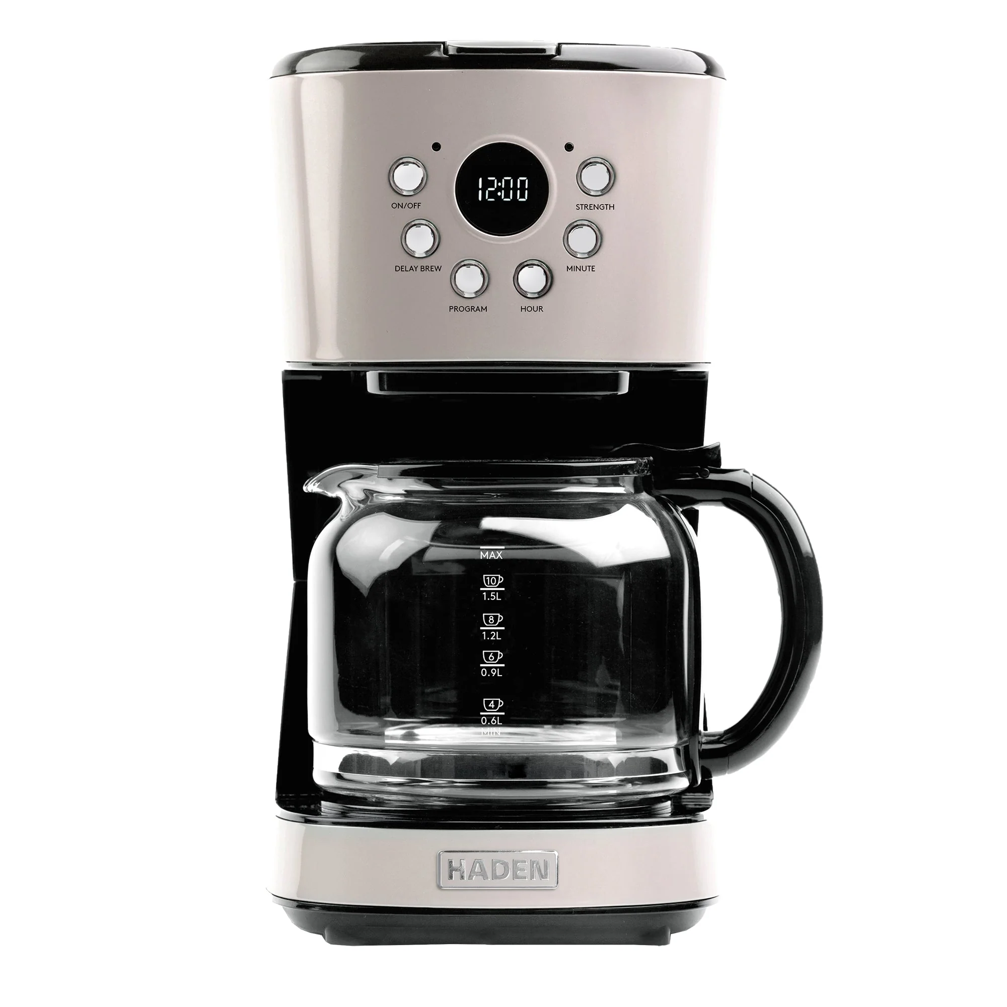 Haden Coffee Machine, 12 Cup Programmable Drip Coffee Maker, Putty & Chrome