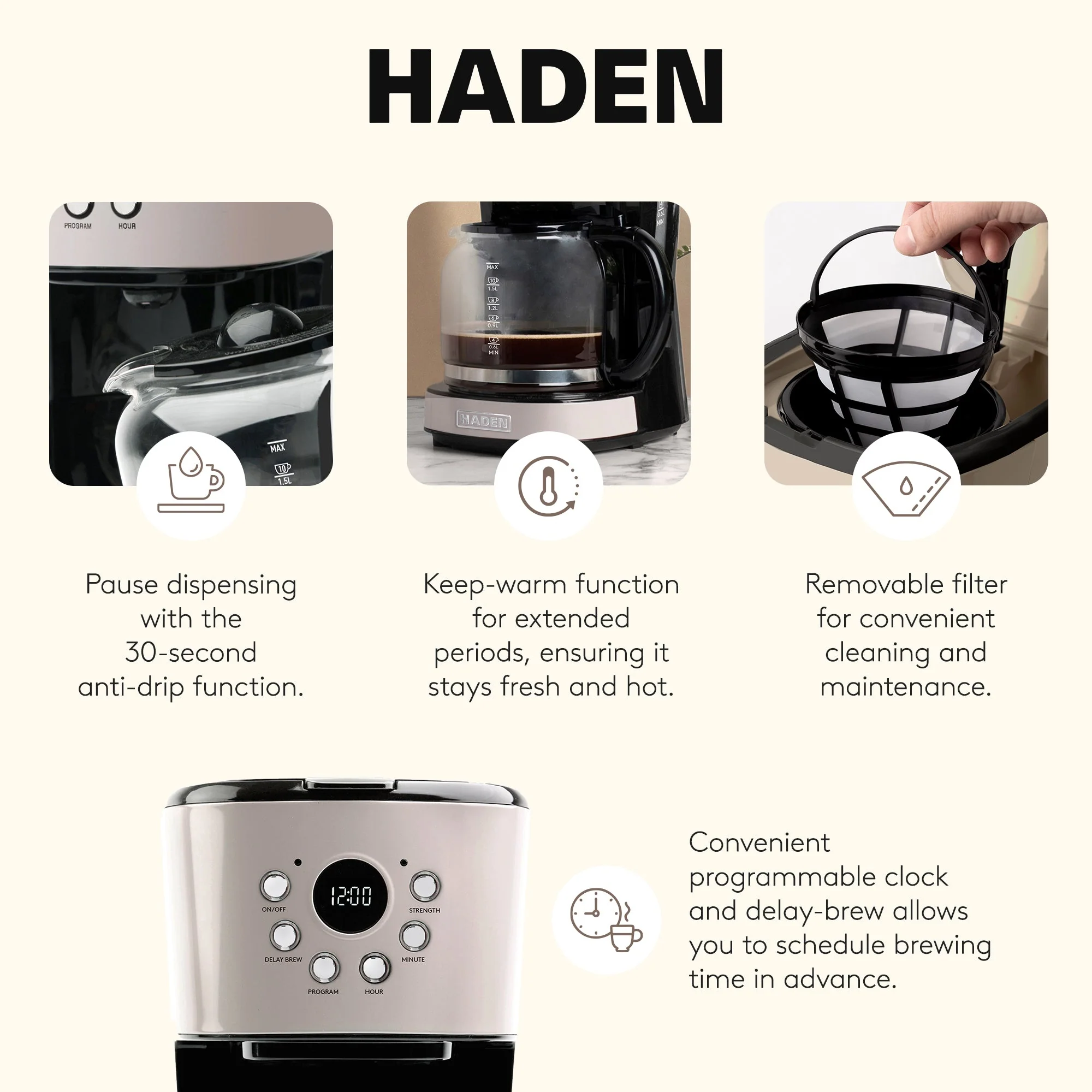 Haden Coffee Machine, 12 Cup Programmable Drip Coffee Maker, Putty & Chrome - Image 3