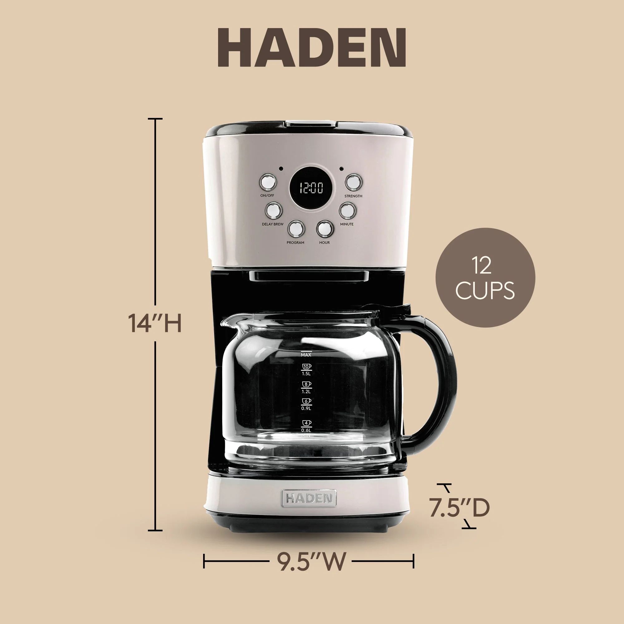 Haden Coffee Machine, 12 Cup Programmable Drip Coffee Maker, Putty & Chrome - Image 4