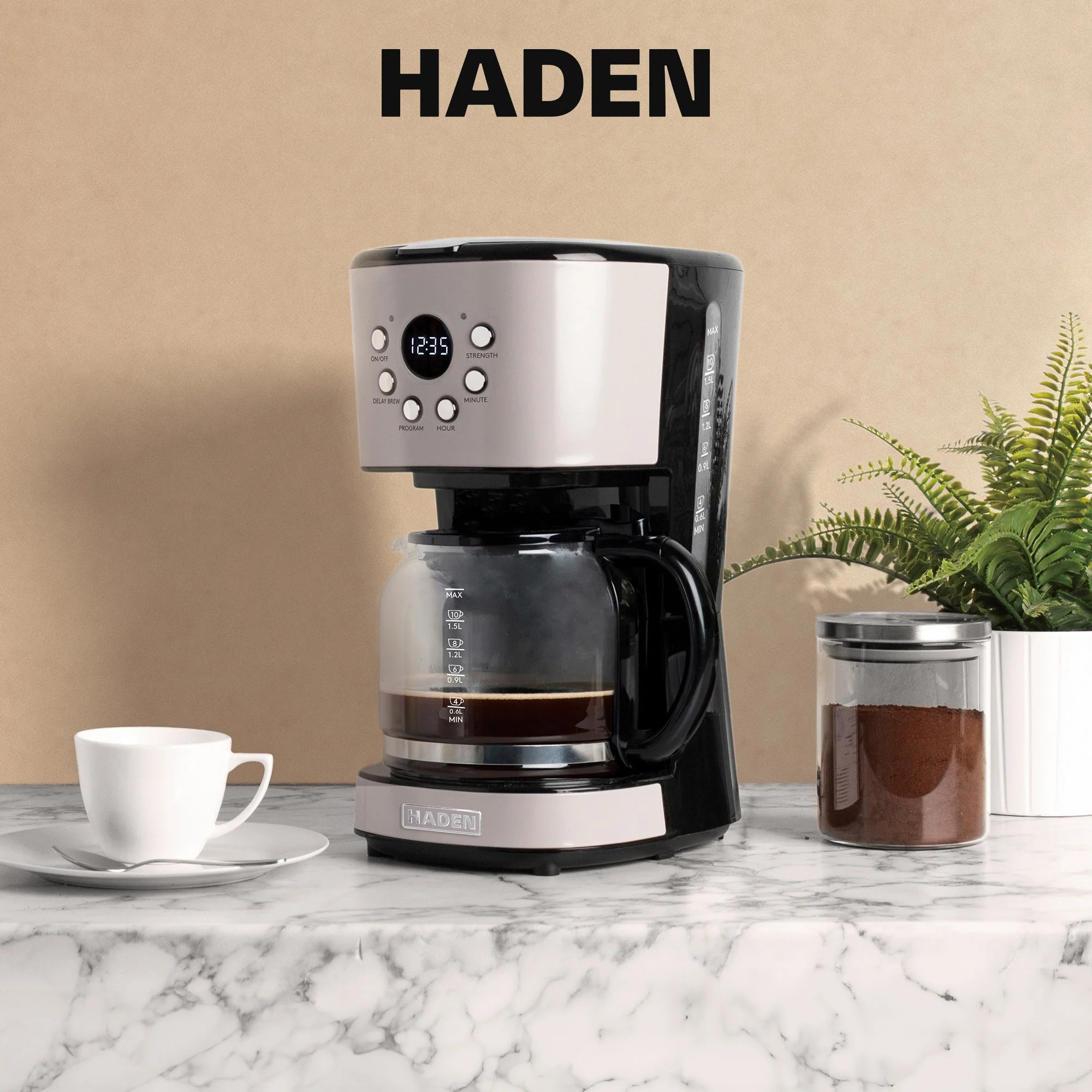 Haden Coffee Machine, 12 Cup Programmable Drip Coffee Maker, Putty & Chrome - Image 6