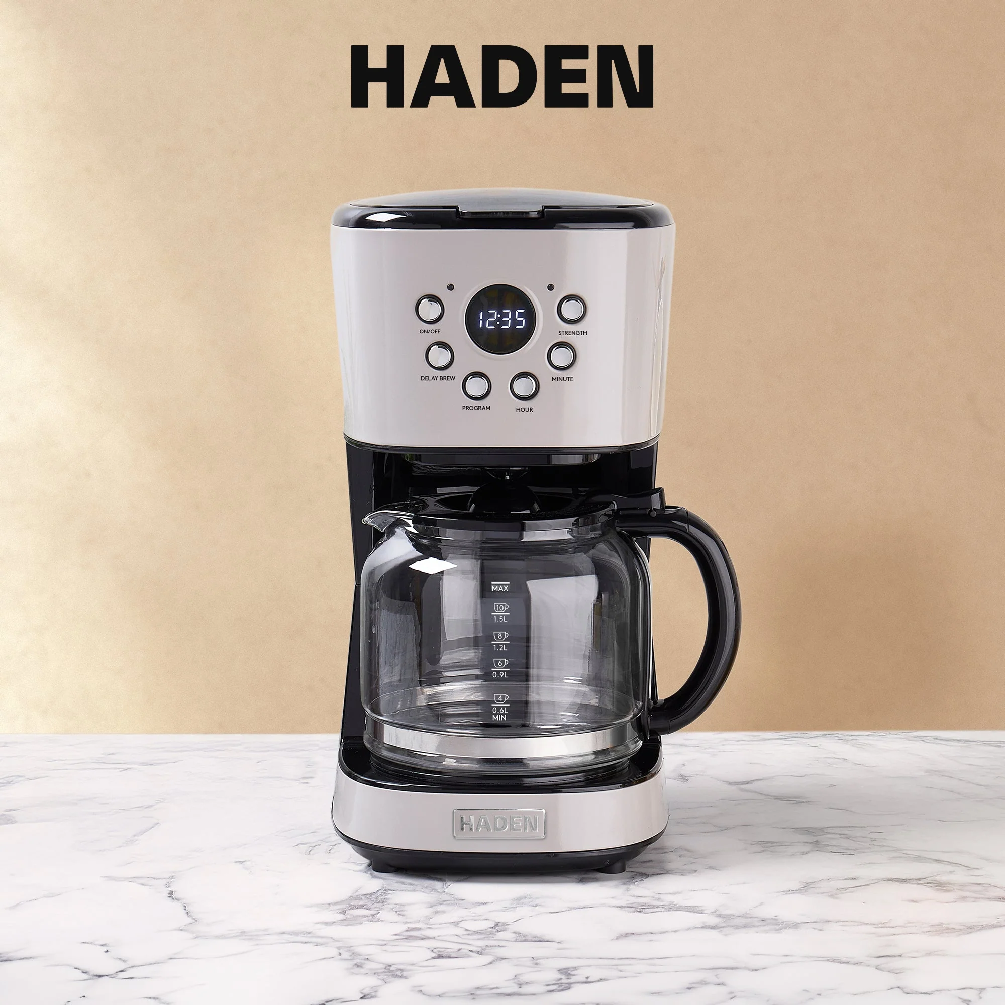 Haden Coffee Machine, 12 Cup Programmable Drip Coffee Maker, Putty & Chrome - Image 7