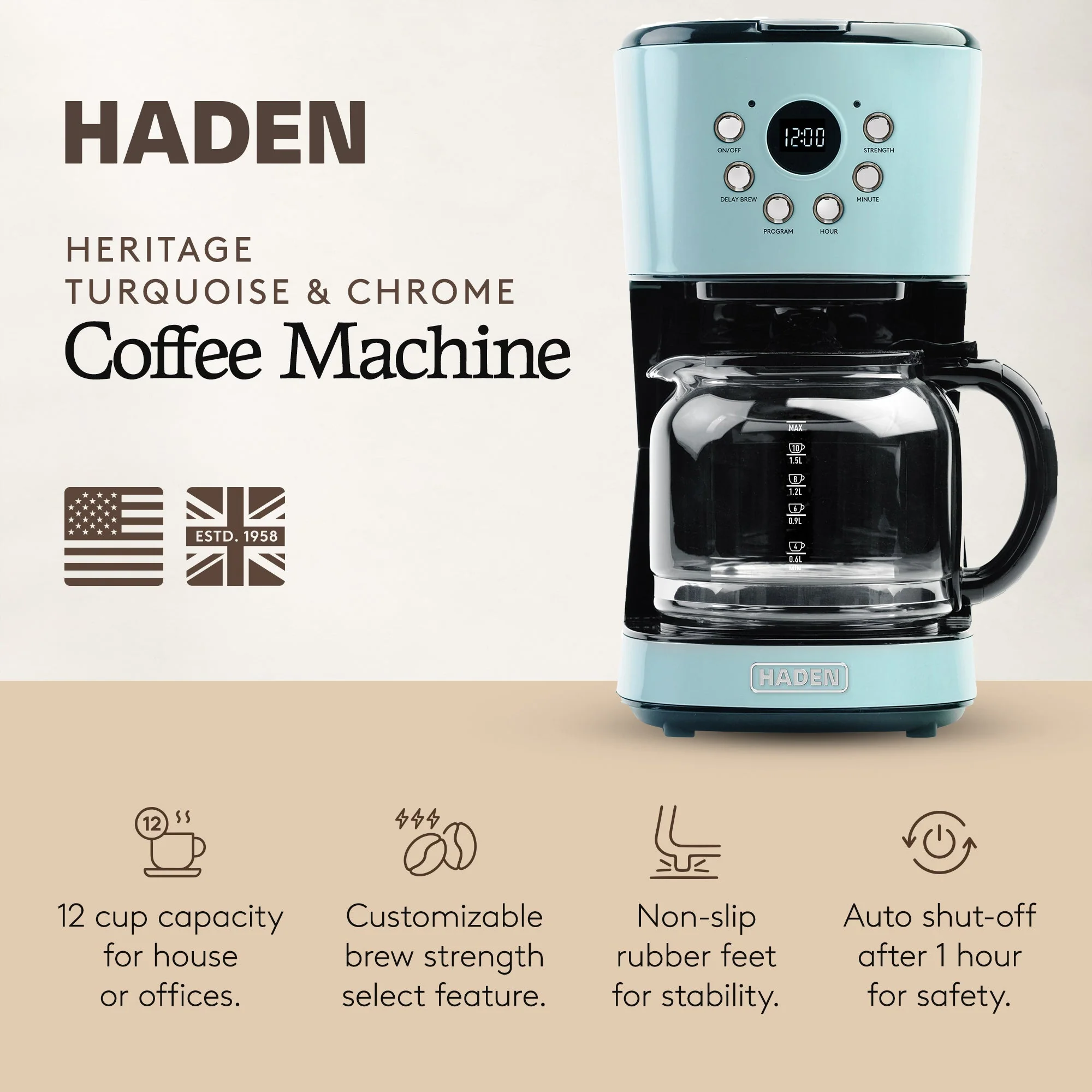 Haden Coffee Machine, 12 Cup Programmable Drip Coffee Maker, Turquoise & Chrome - Image 2