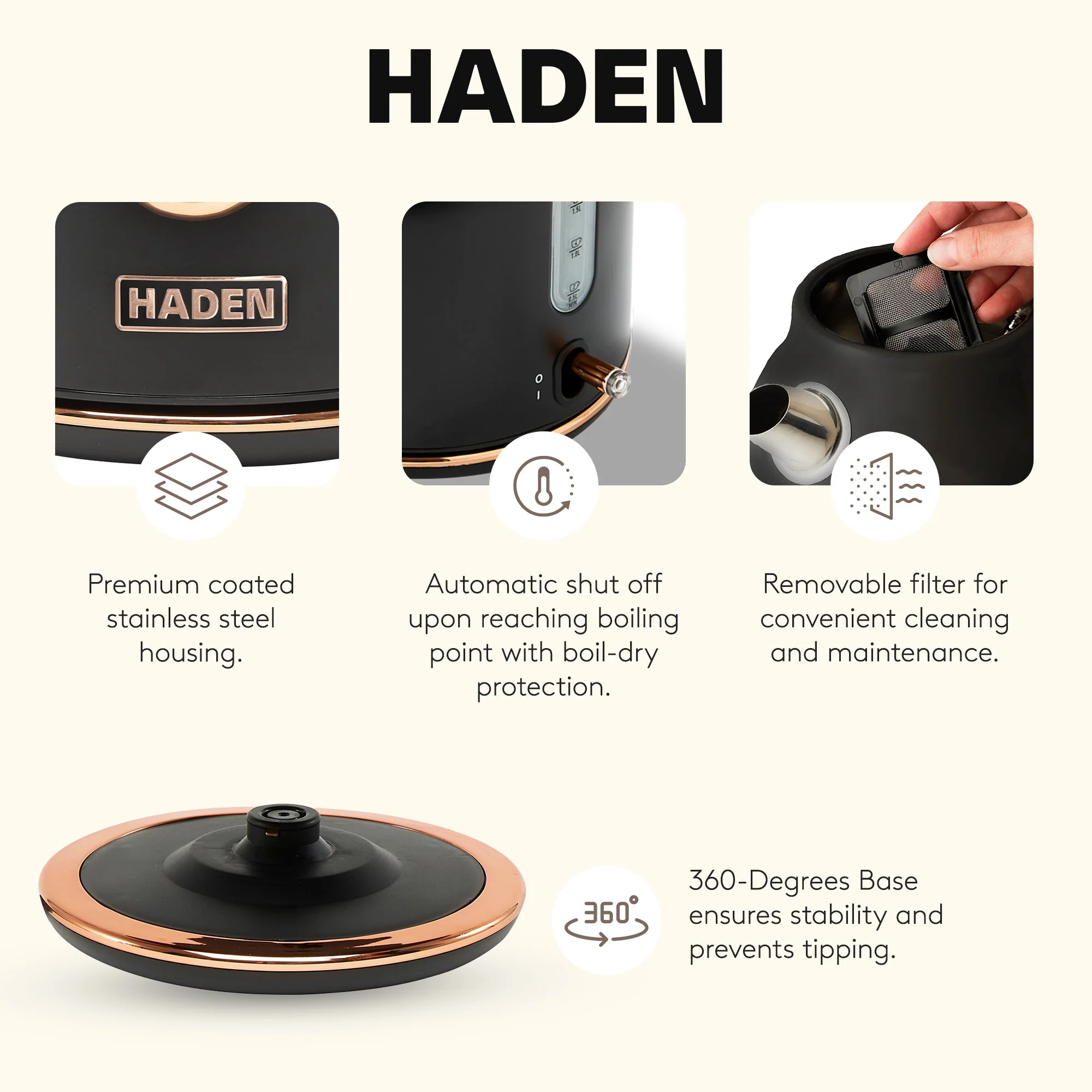 Haden Dorset 1.7 Liter Electric Water Kettle w/ 360-Degree Base, Black & Copper - Image 3