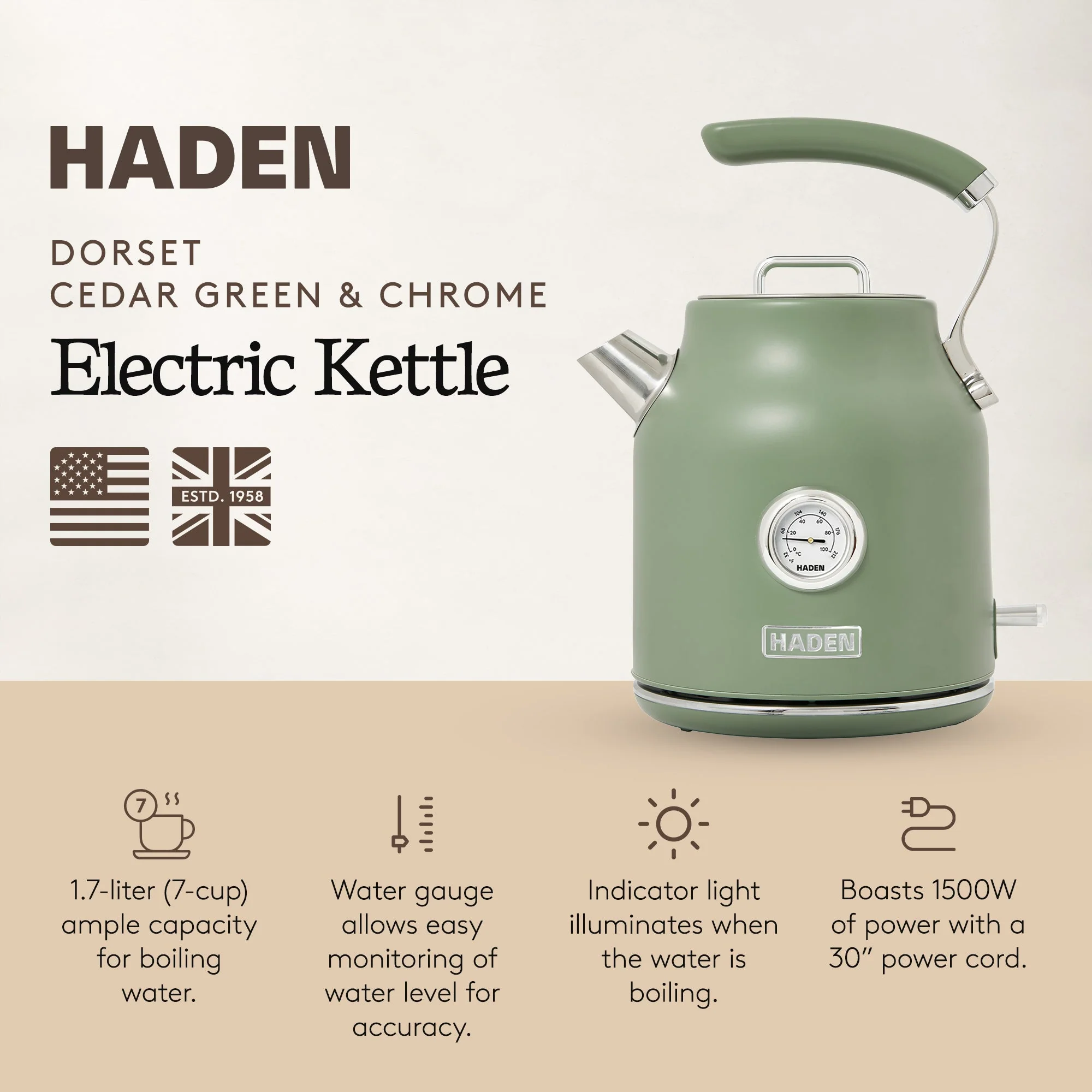 Haden Dorset 1.7 Liter Electric Water Kettle with 360-Degree Base, Cedar Green - Image 2