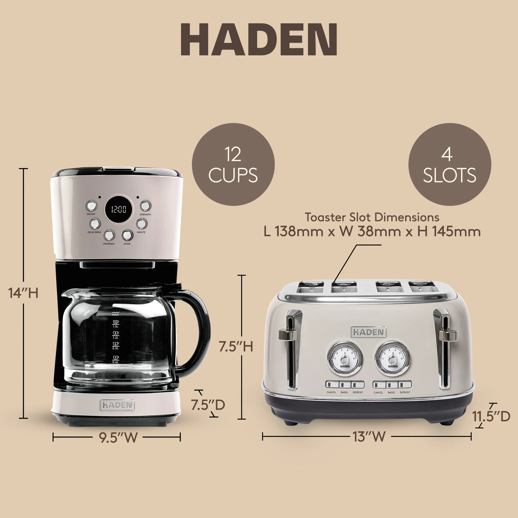 Haden Dorset 12 Cup Coffee Maker & 4 Slice Wide Slot Toaster, Putty & Chrome - Image 5