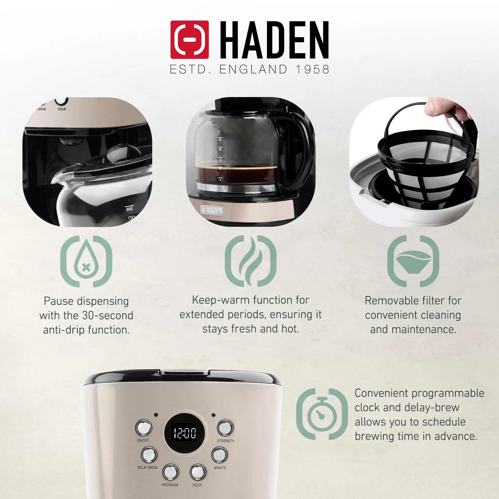 Haden Dorset 12 Cup Programmable Coffee Maker with Countertop Microwave, Putty - Image 5