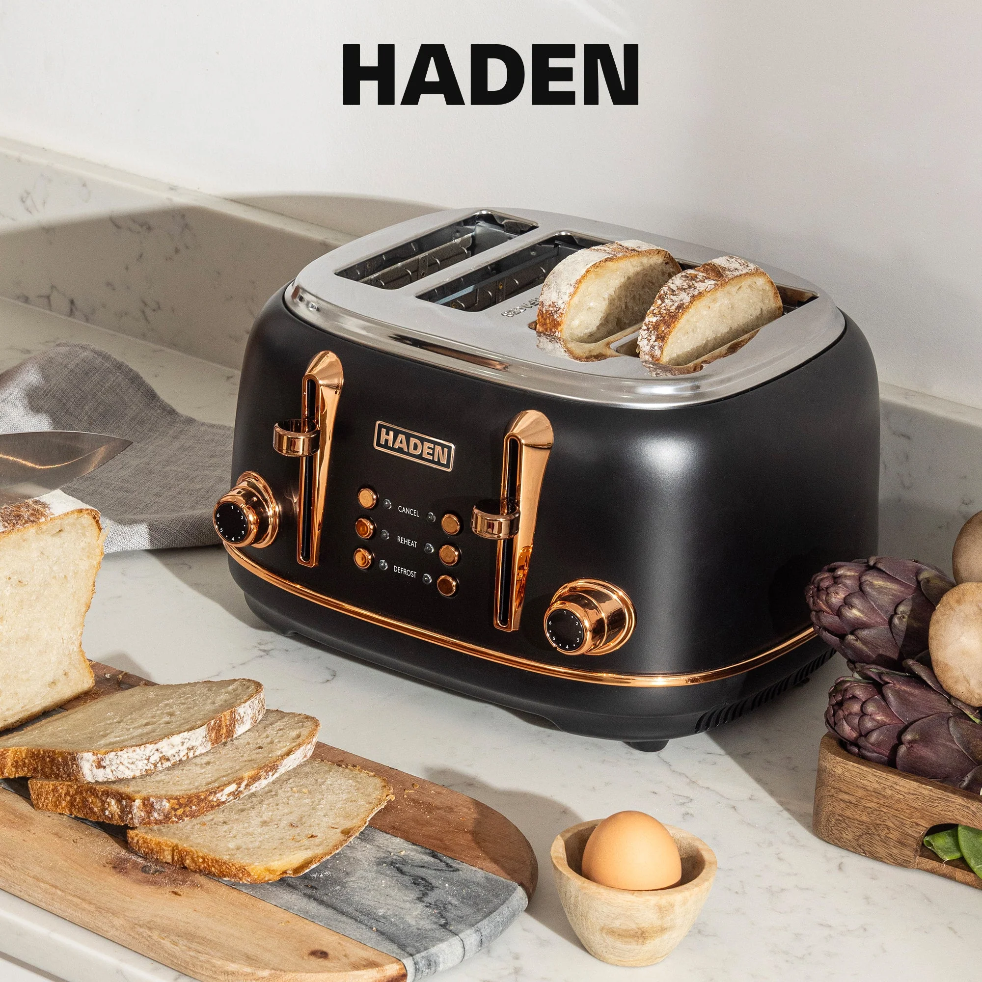 Haden Heritage 4 Slice Wide Slot Stainless Steel Toaster, Black & Copper - Image 6