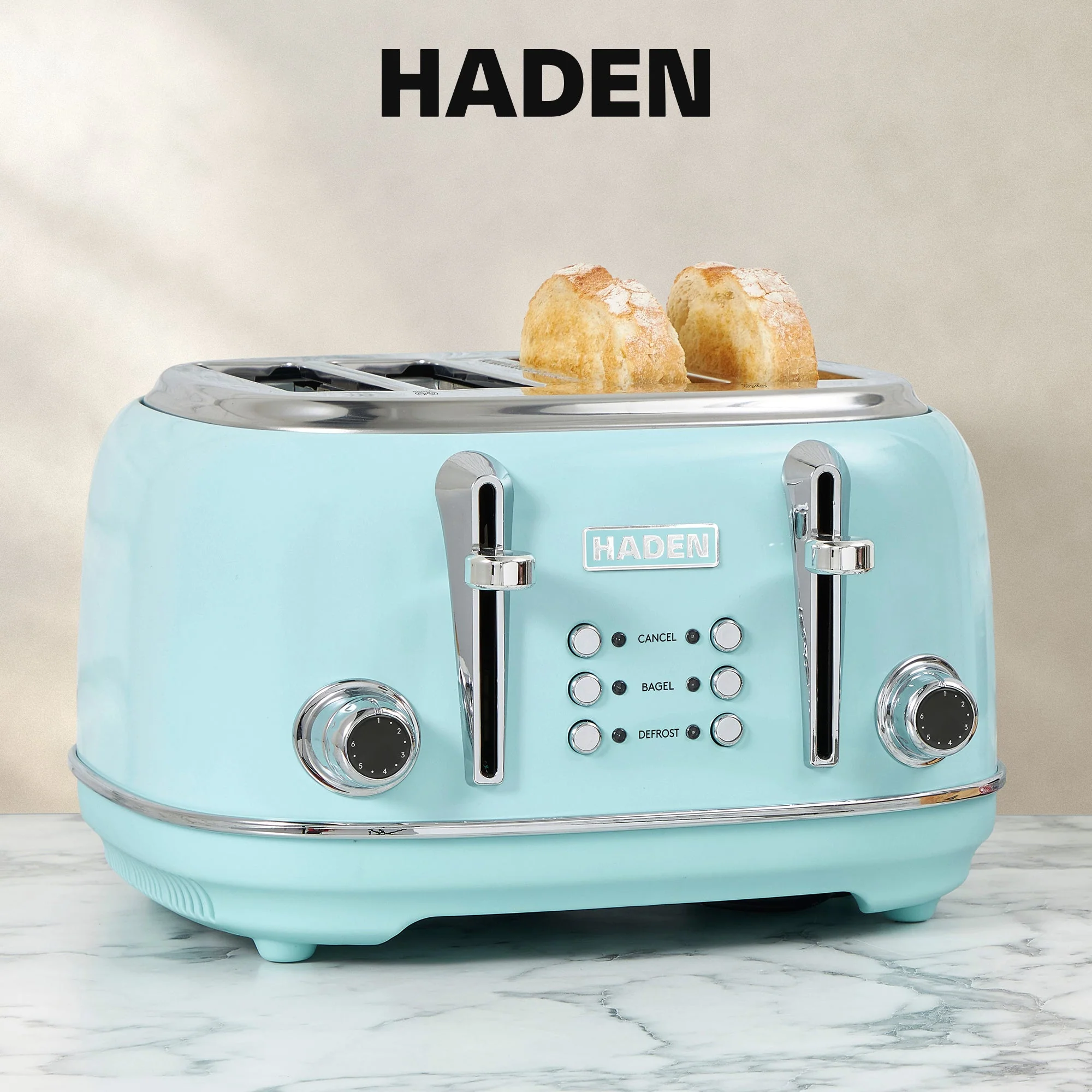 Haden Heritage 4 Slice Wide Slot Stainless Steel Toaster, Turquoise & Chrome - Image 7