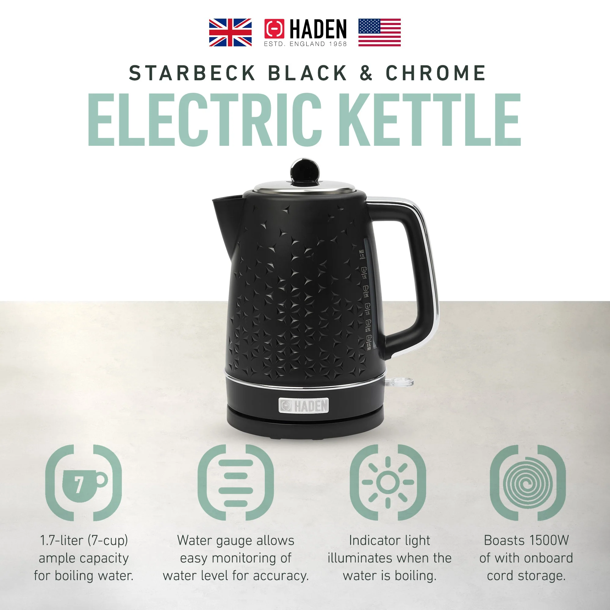 Haden Starbeck 1.7 Liter Stainless Steel Electric Water Kettle, Black & Chrome - Image 2