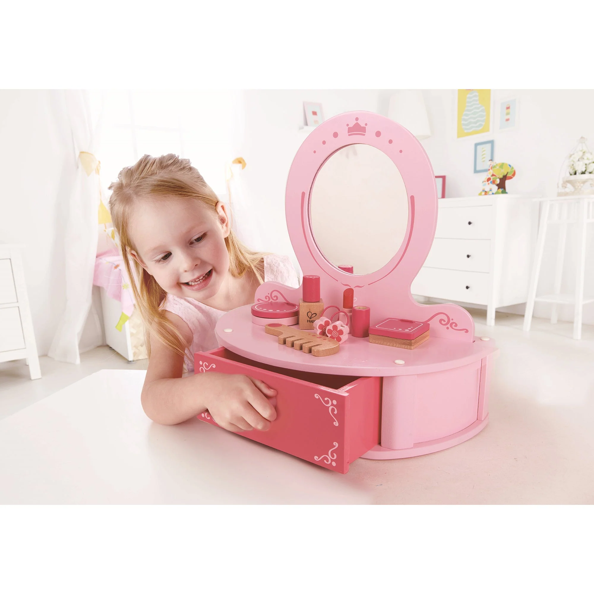 Hape Petite Pink Vanity Toy Wooden Beauty Counter with Mirror and Accessories - Image 3