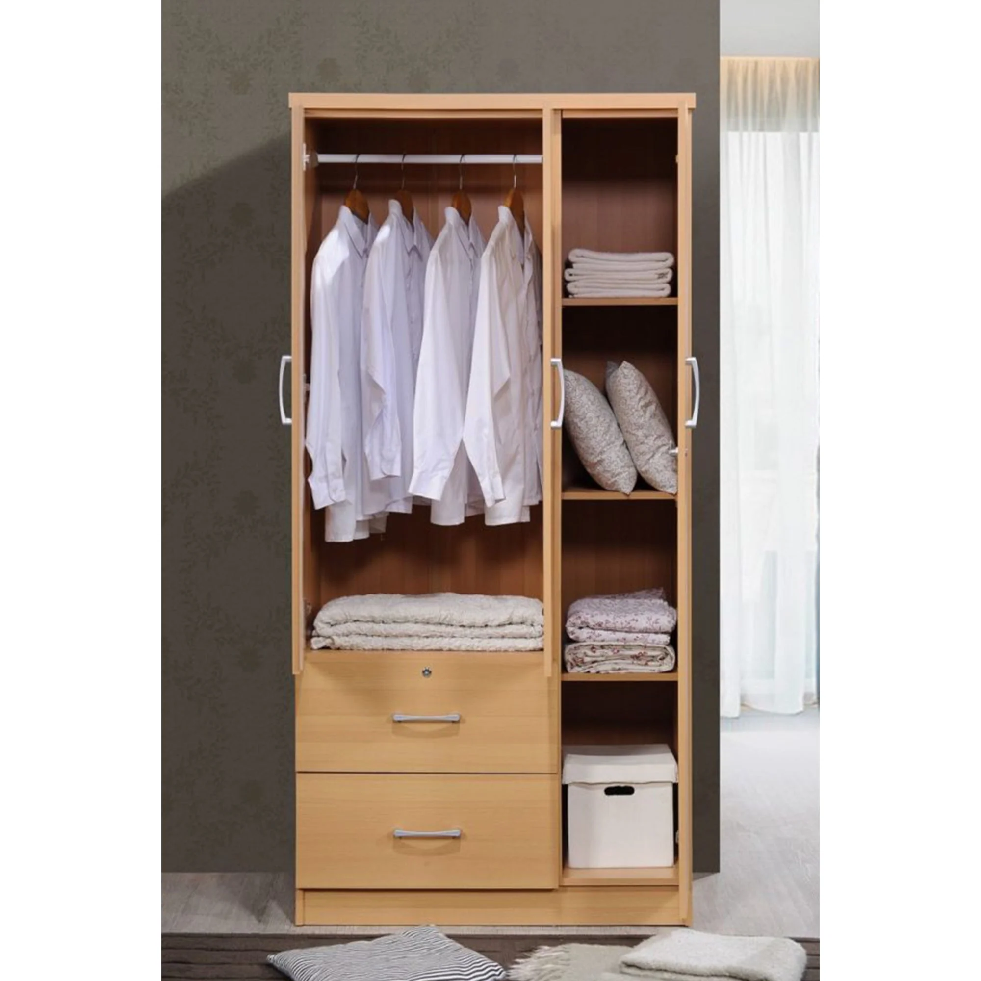 Hodedah Import 3 Door Armoire with Clothing Rod, Shelves, and 2 Drawers, Beech - Image 2