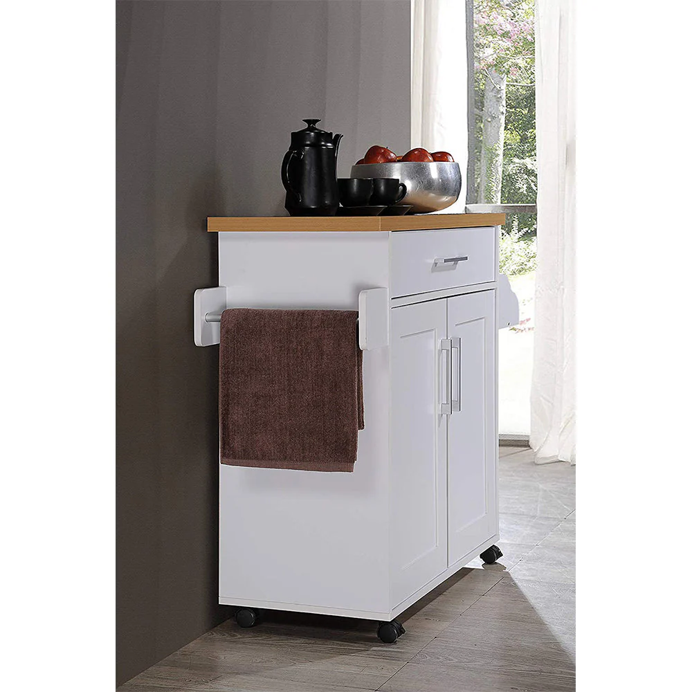 Hodedah Import Wheeled Kitchen Island w/Spice Rack & Towel Holder, White/Beech - Image 5